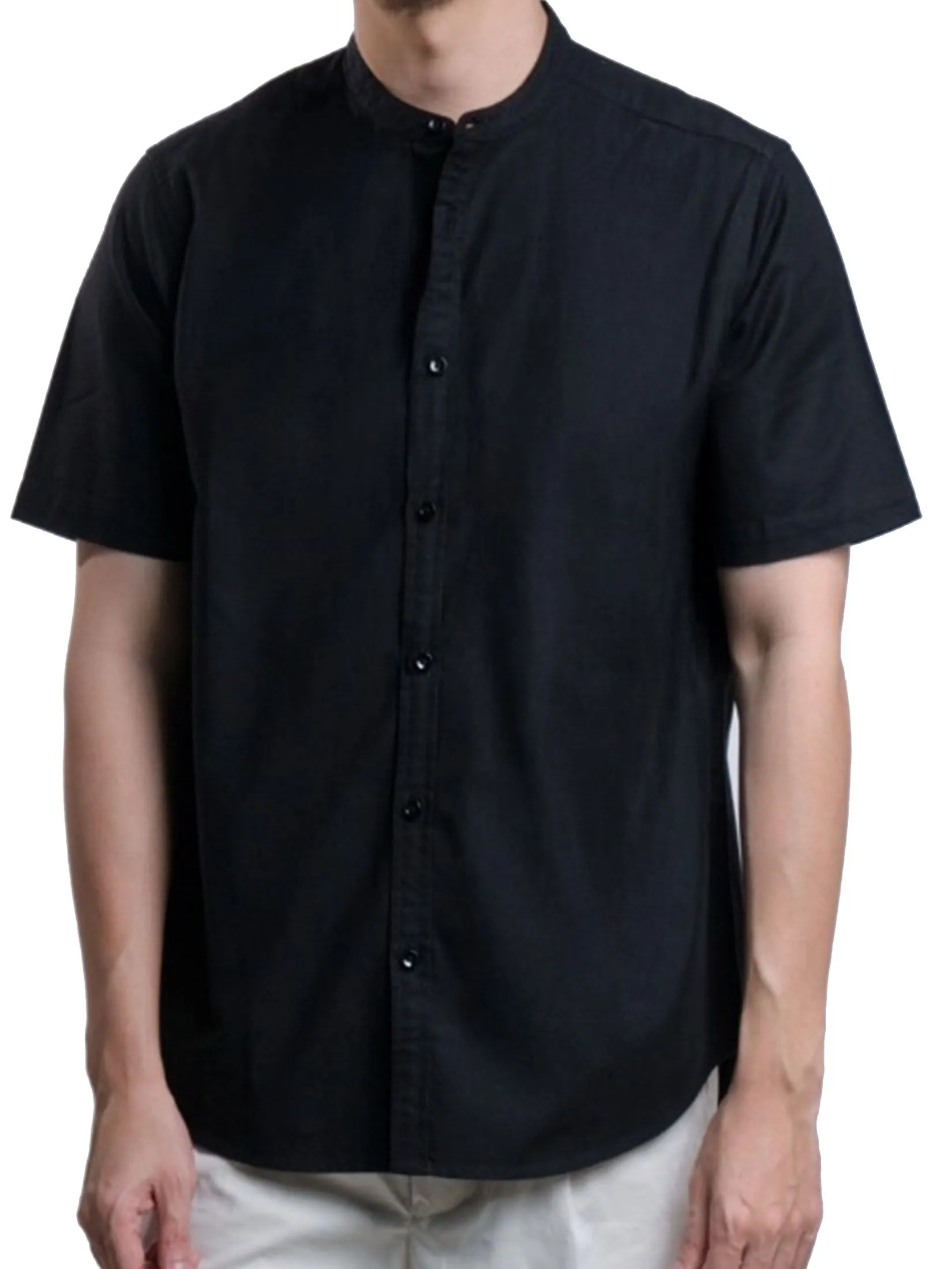 Era-won MEN'S OXFORD SHORT-SLEEVED MANDARIN COLLAR REGULAR FIT BLACK Era-won MEN'S OXFORD SHORT-SLEEVED MANDARIN COLLAR REGULAR FIT BLACK