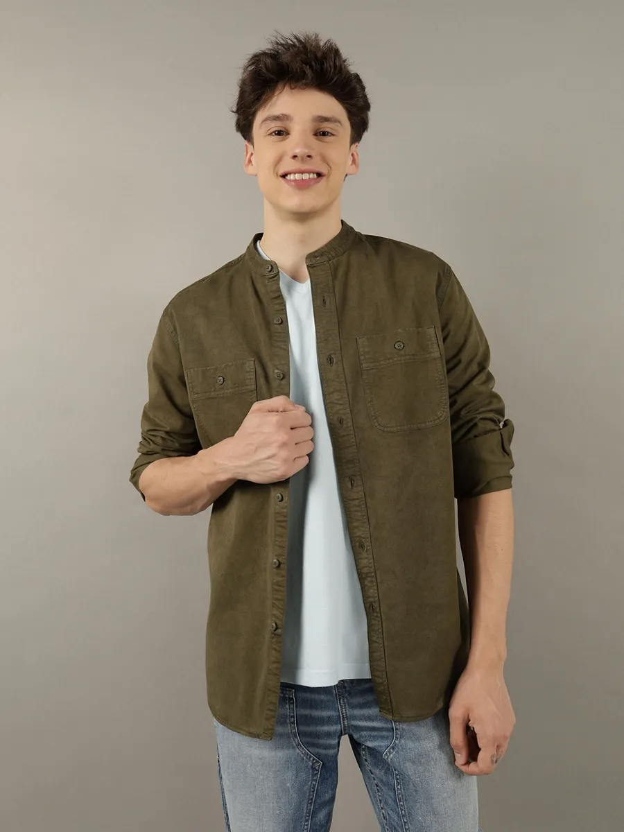 American Eagle MEN  CF BAND COLLAR HENDRIX TWILL SHIRT 300 GREEN American Eagle MEN  CF BAND COLLAR HENDRIX TWILL SHIRT 300 GREEN