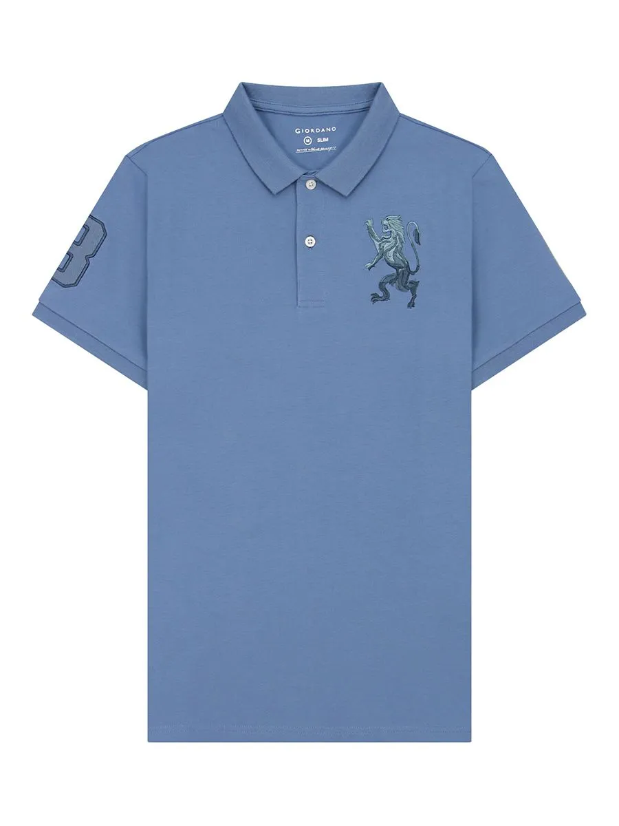 GIORDANO Men's Lycra Pique Embroidery Polo (3D Lion) Coronet blue GIORDANO Men's Lycra Pique Embroidery Polo (3D Lion) Coronet blue