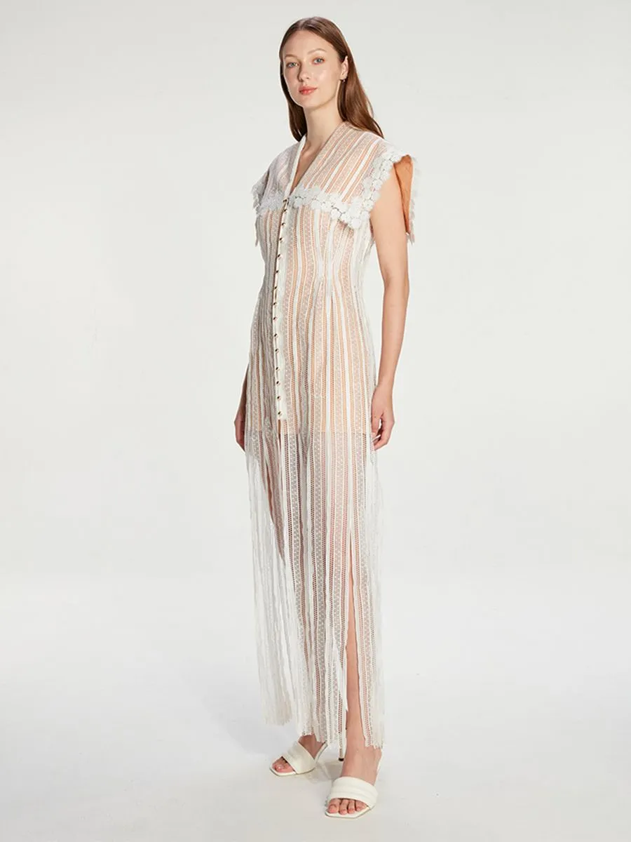 JANESUDA (SS23) White Long lace Women dress with sailor collar JANESUDA (SS23) White Long lace Women dress with sailor collar