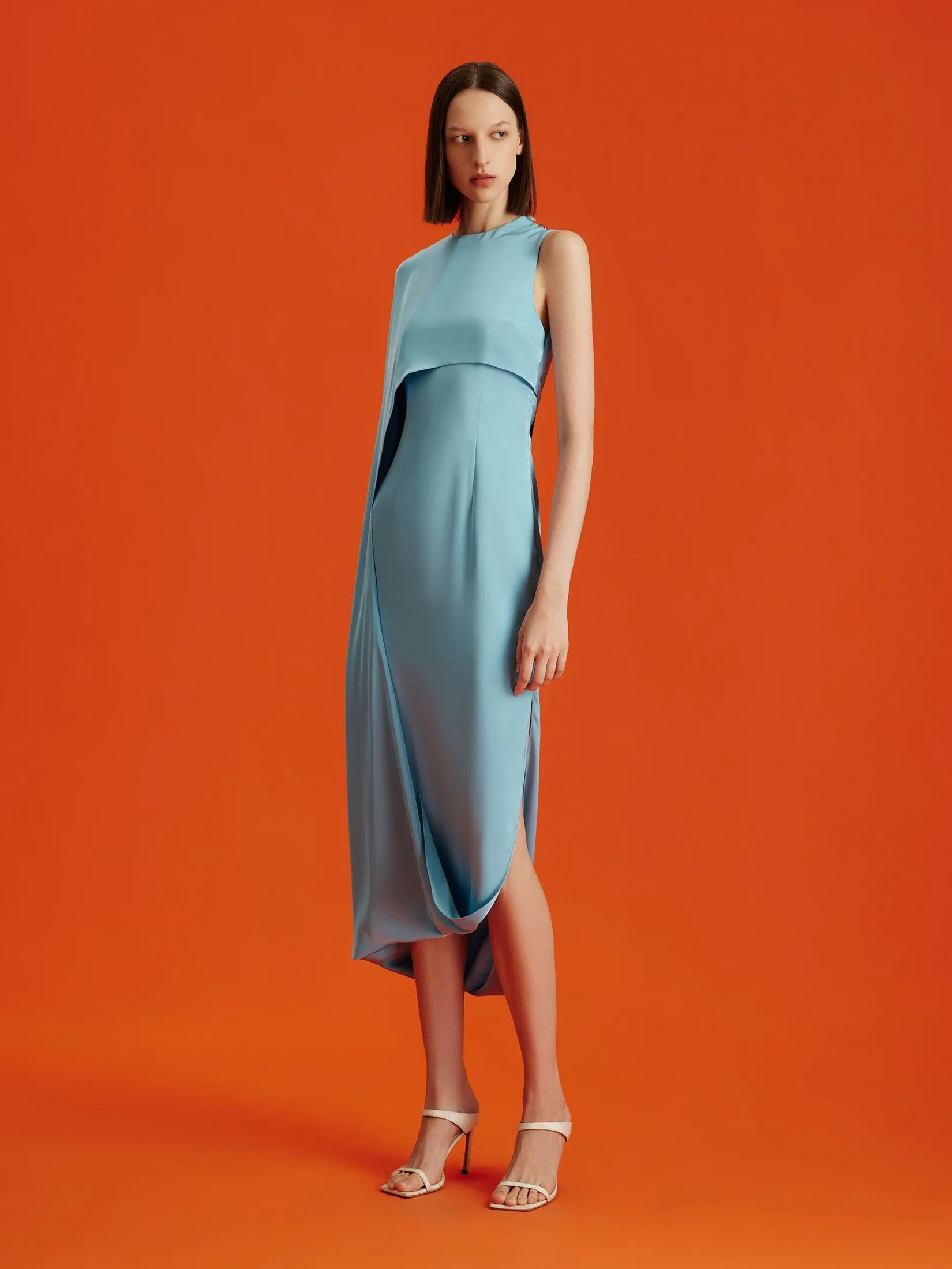 ASAVA ( AW24 ) Portia One-shoulder Cape Women Dress Blue ASAVA ( AW24 ) Portia One-shoulder Cape Women Dress Blue