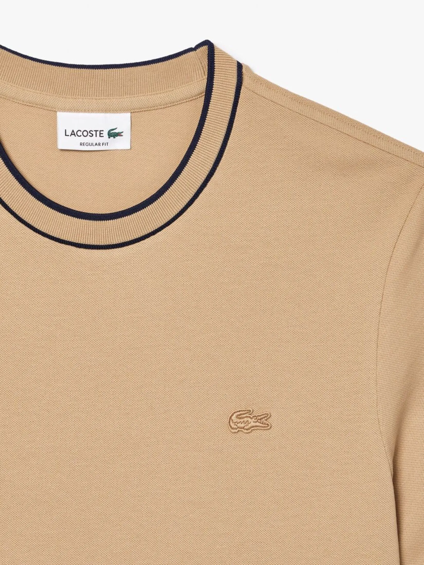 LACOSTE Stretch Piqu  Stripe Collar T-shirt Beige LACOSTE Stretch Piqu  Stripe Collar T-shirt Beige