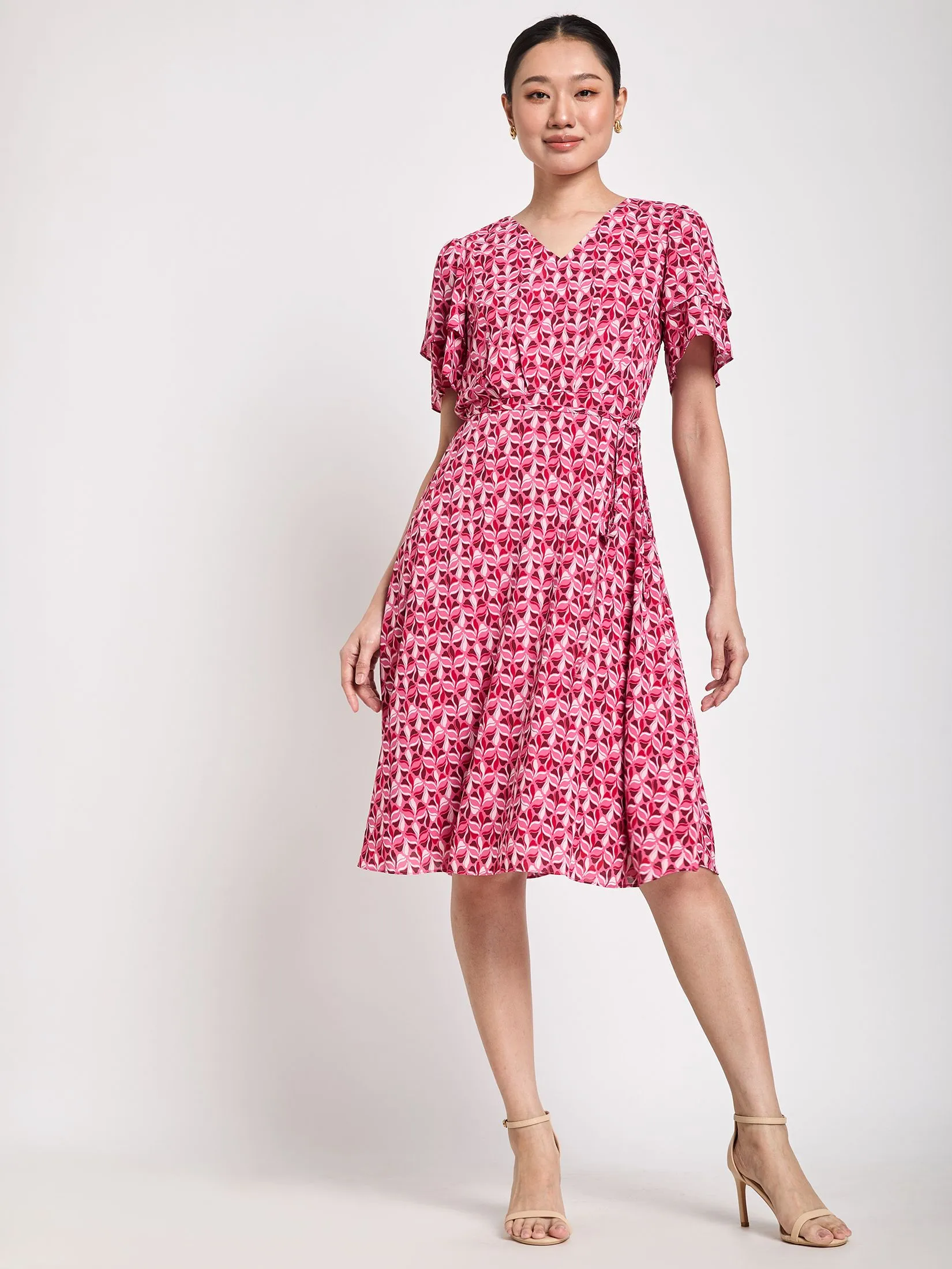 EXPRESSIONS Women Flared Dress With Tier Sleeves And Belt EXPRESSIONS Women Flared Dress With Tier Sleeves And Belt