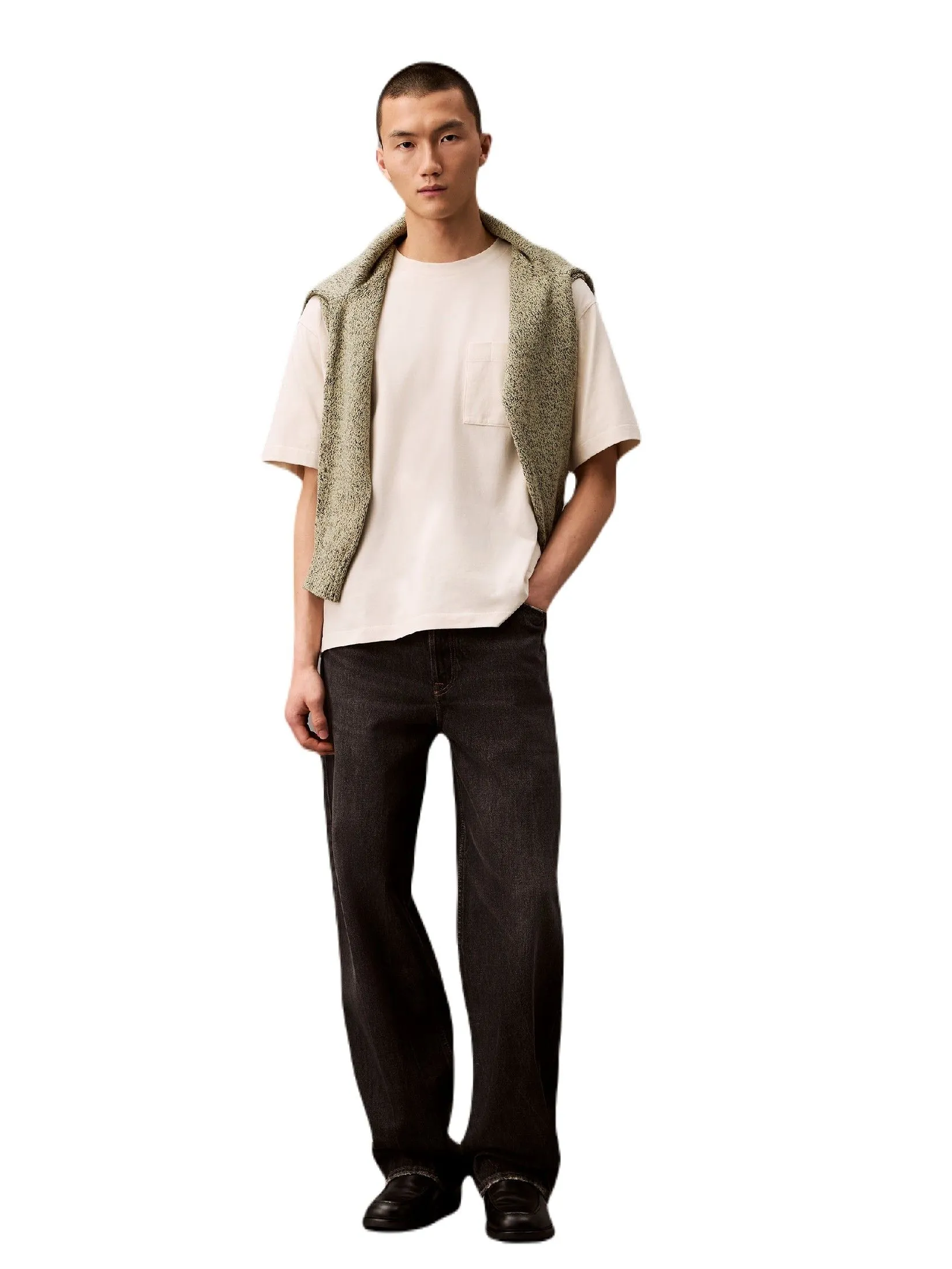 CALVIN KLEIN Men's Jersey Relaxed Pocket Tee Cream CALVIN KLEIN Men's Jersey Relaxed Pocket Tee Cream