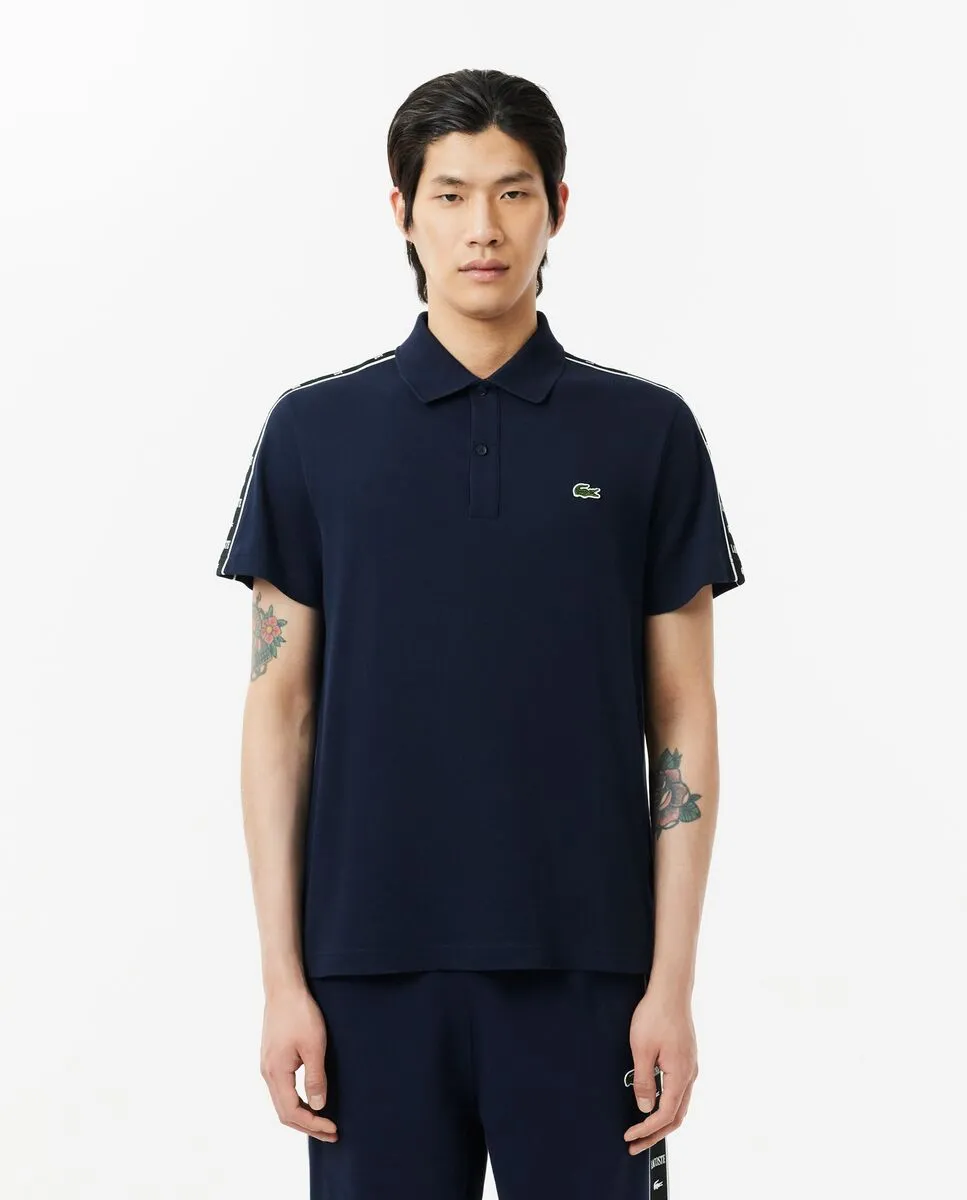 LACOSTE Regular Fit Logo Stripe Mini Piqu  Polo Shirt Blue LACOSTE Regular Fit Logo Stripe Mini Piqu  Polo Shirt Blue