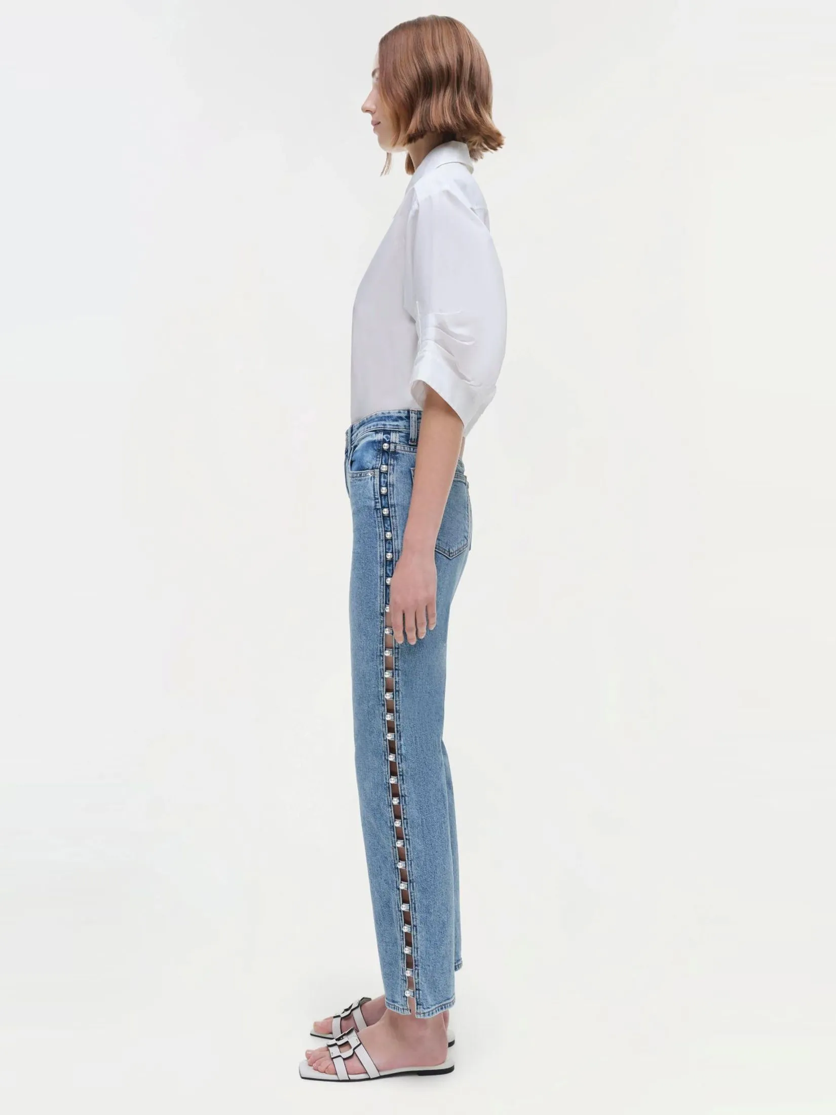 SIMKHAI Women Denim High Rise Pearl Embellished Amelia Juno SIMKHAI Women Denim High Rise Pearl Embellished Amelia Juno