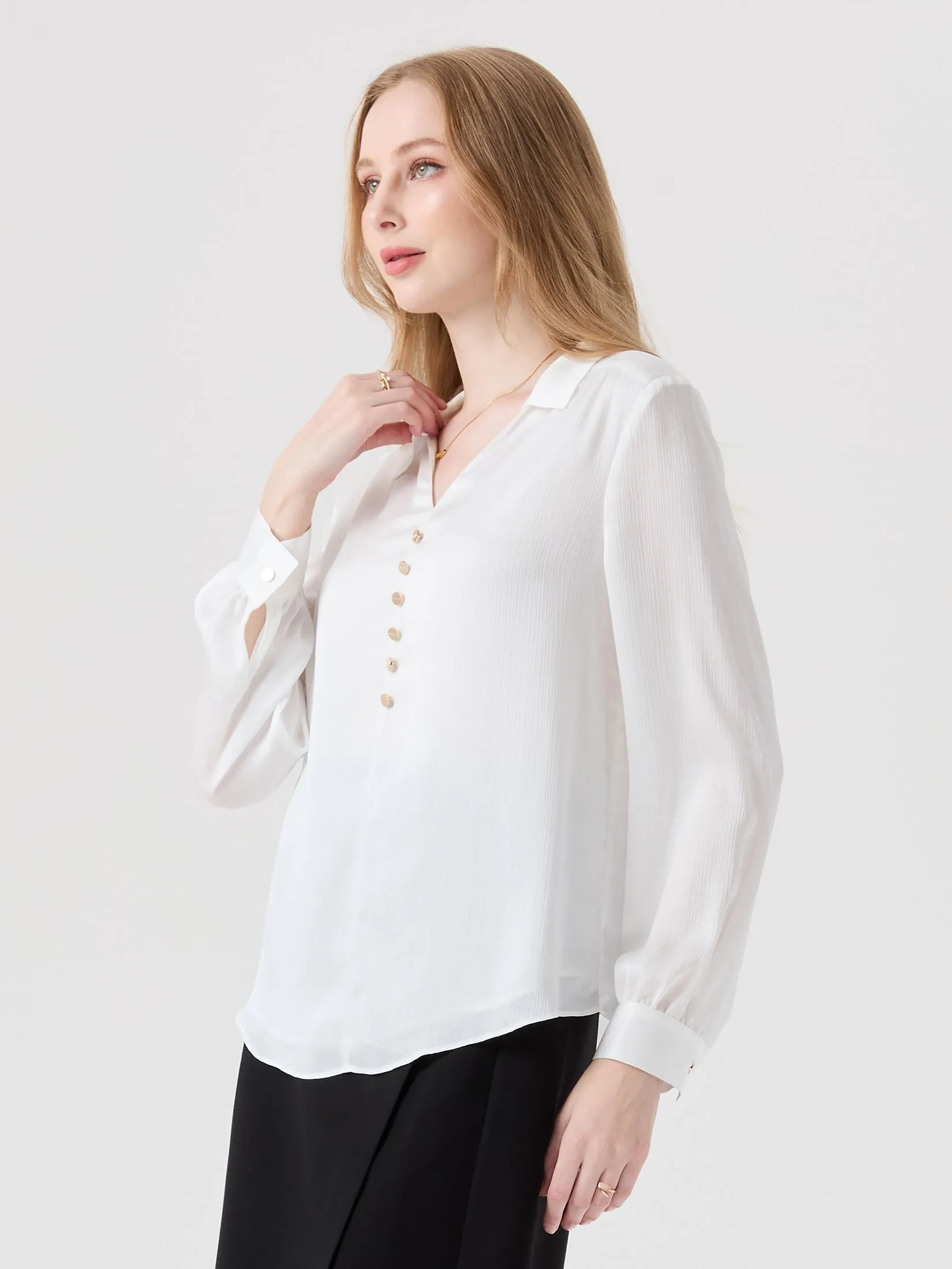 ESPADA Loose-Fit Blouse with V-Neck Women Off White ESPADA Loose-Fit Blouse with V-Neck Women Off White