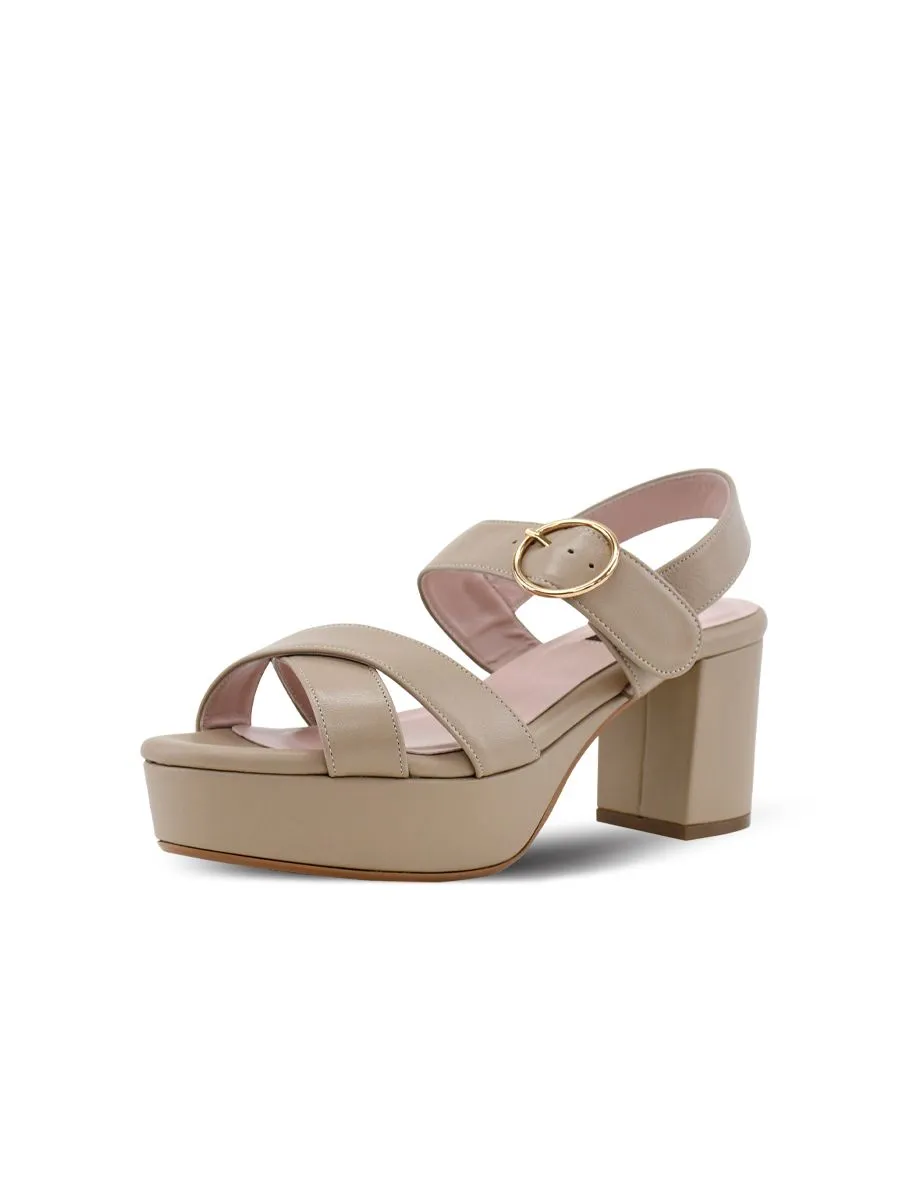 Sirena Beige Leather Sandals Open Toe Blocked Heel 2.7 inch Anna Sirena Beige Leather Sandals Open Toe Blocked Heel 2.7 inch Anna