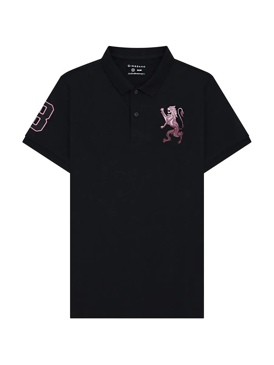 GIORDANO Men's Lycra Pique Embroidery Polo (3D Lion) Black GIORDANO Men's Lycra Pique Embroidery Polo (3D Lion) Black