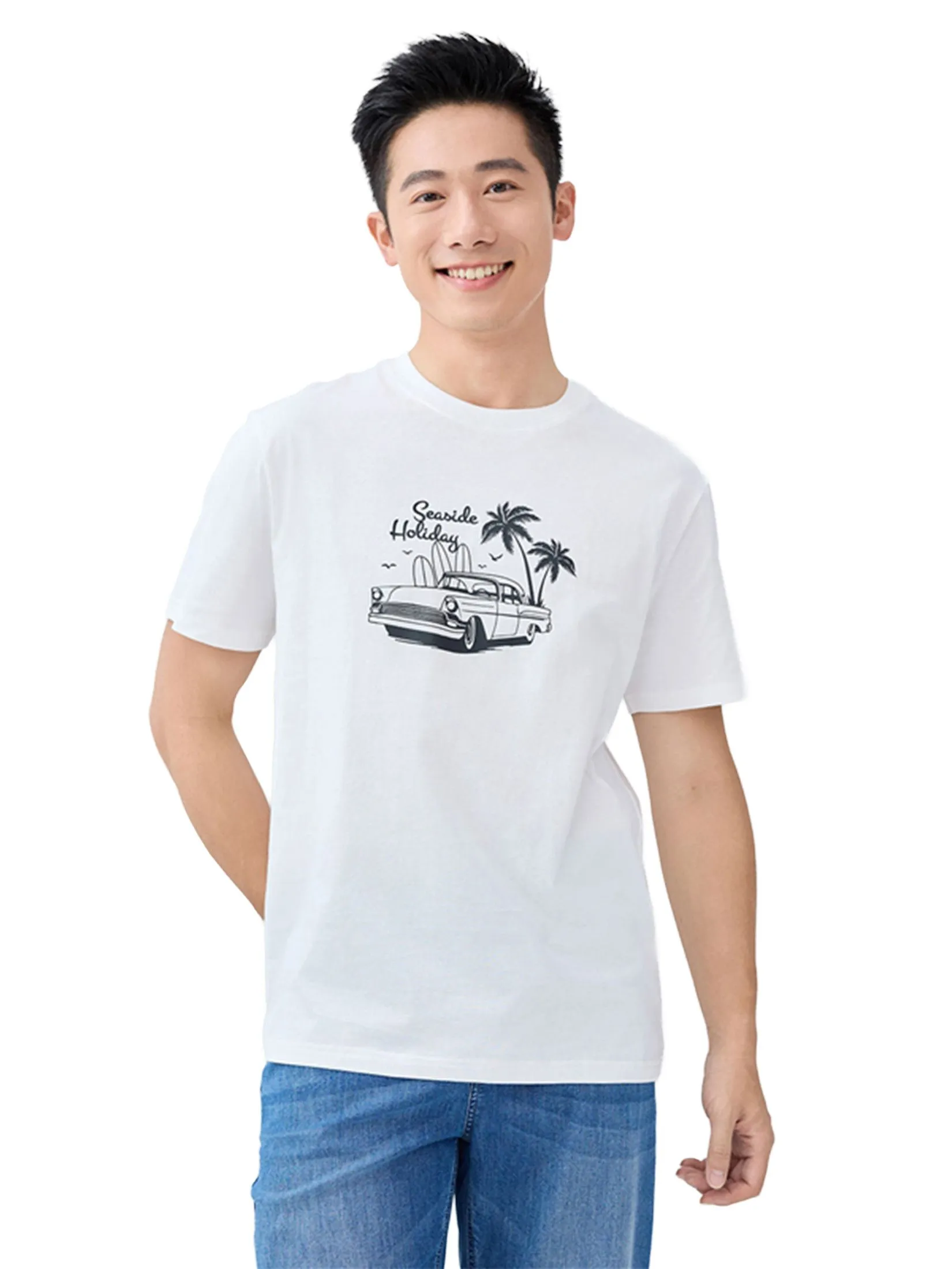 GIORDANO Men's  Beau Monde Regular Travel Printed Tee White GIORDANO Men's  Beau Monde Regular Travel Printed Tee White