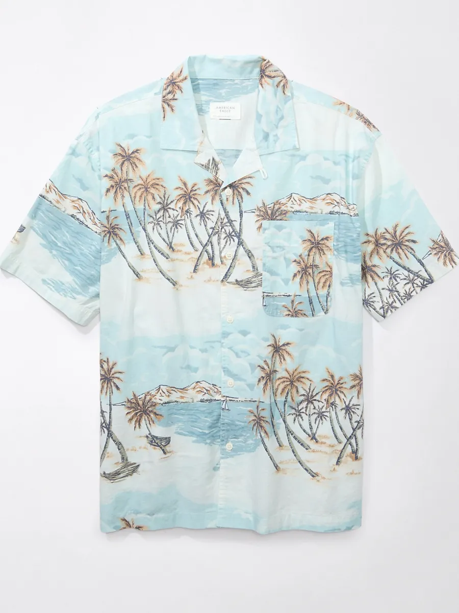 American Eagle MEN SAMUEL SCENIC SS OVERSIZED CAMP COLLAR STAFFORD FADE 395 TEAL