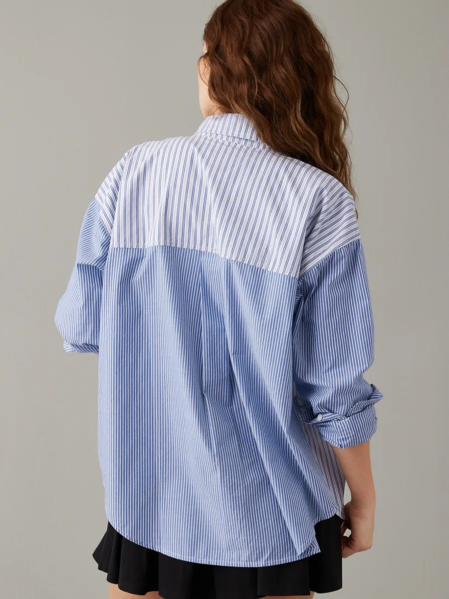 American Eagle WOMEN 5682 CORE PERFECT SHIRT STRIPE MIX 400 BLUE American Eagle WOMEN 5682 CORE PERFECT SHIRT STRIPE MIX 400 BLUE