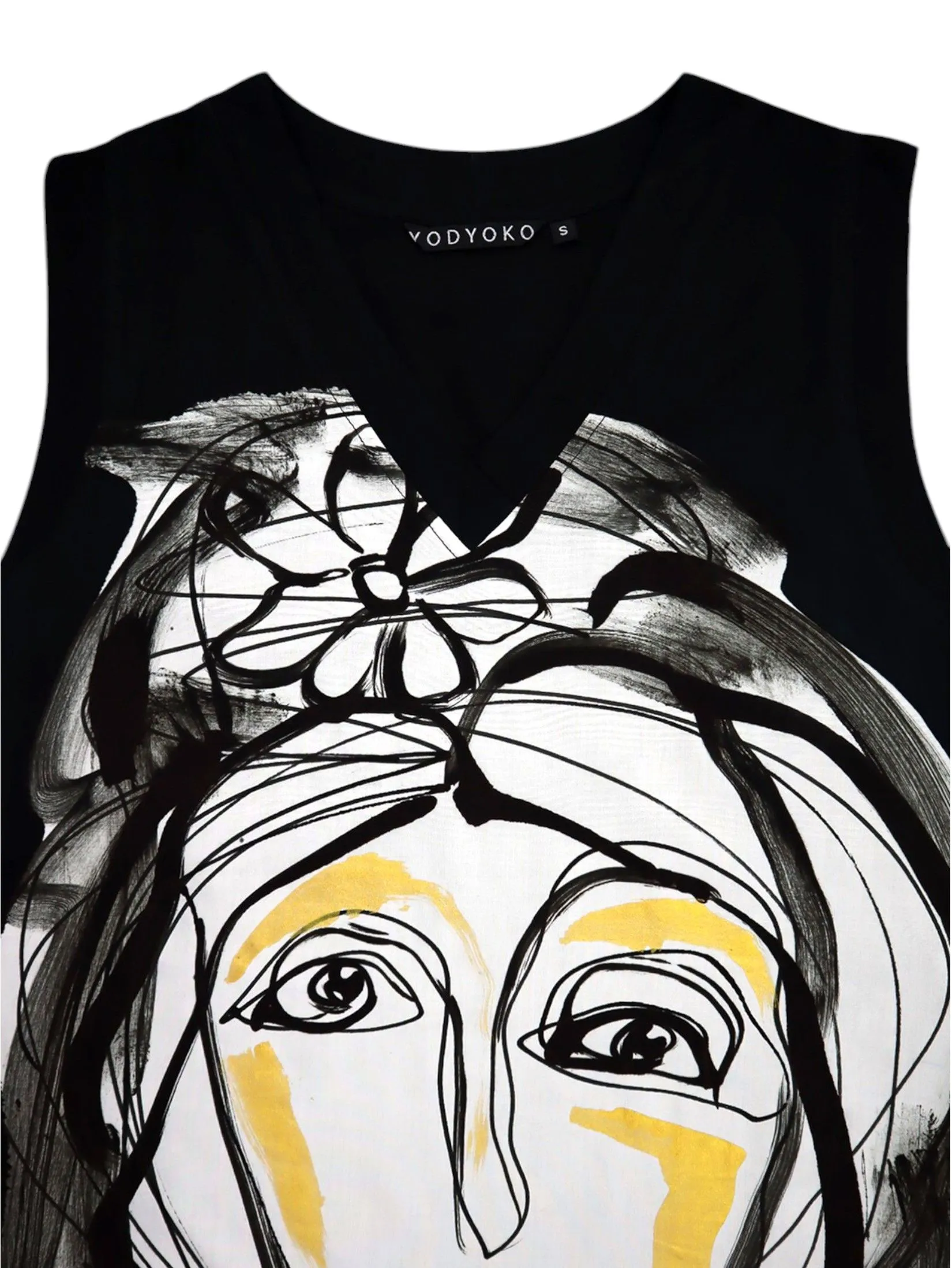 YODYOKO Woman Sleeveless Dress - Black : Woman stands gracefully with intricate black lines. YODYOKO Woman Sleeveless Dress - Black : Woman stands gracefully with intricate black lines.
