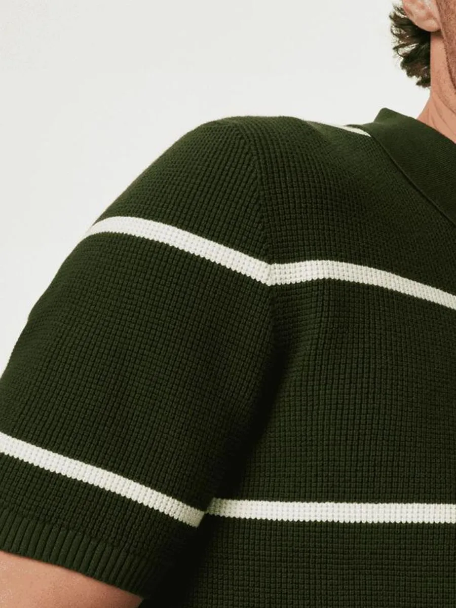 MARKS & SPENCER Men Polo Shirt Cotton Rich Striped Knitted Kh_Khaki