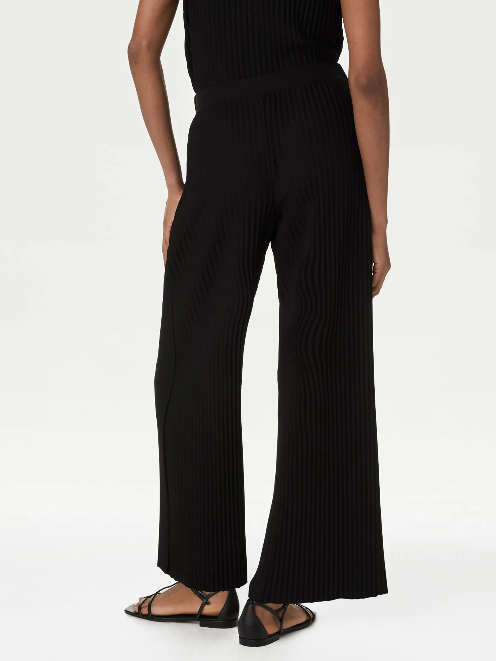 MARKS & SPENCER Women Trousers Wide Leg Jersey Plisse Black MARKS & SPENCER Women Trousers Wide Leg Jersey Plisse Black