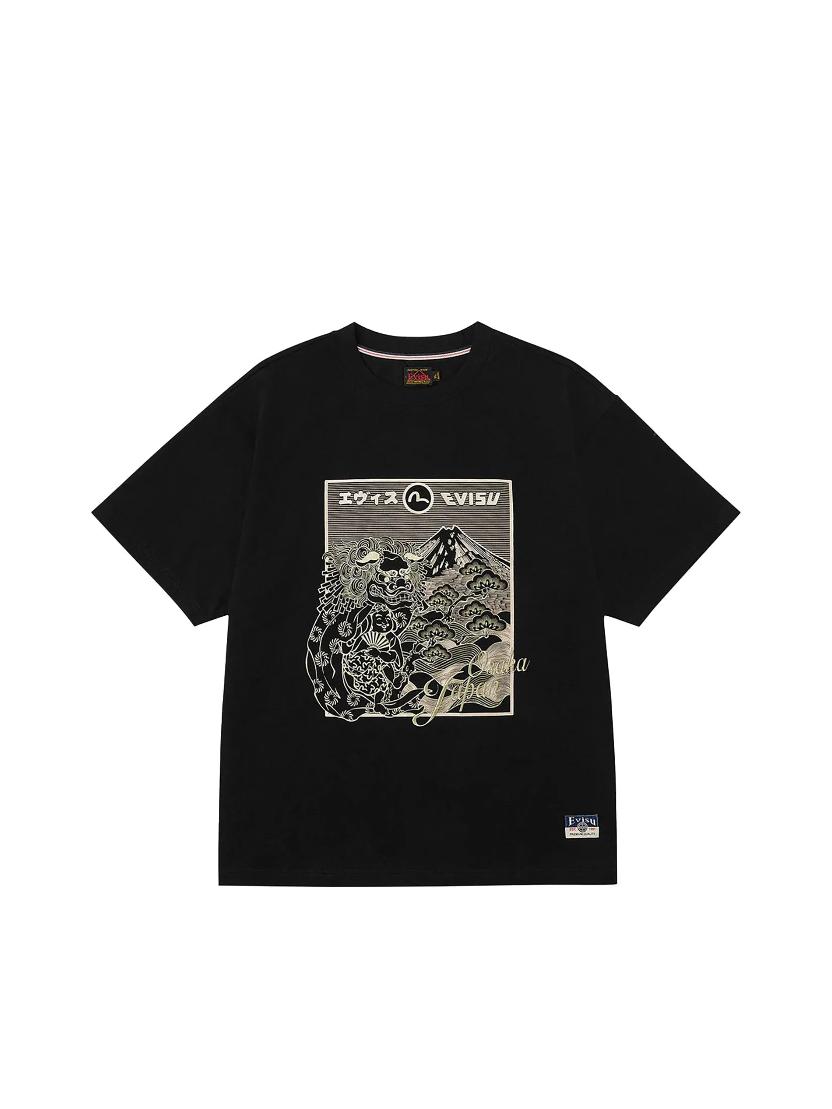 EVISU Men T-Shirt Lion Dance and Mountain Embroidery Relax Fit Black EVISU Men T-Shirt Lion Dance and Mountain Embroidery Relax Fit Black