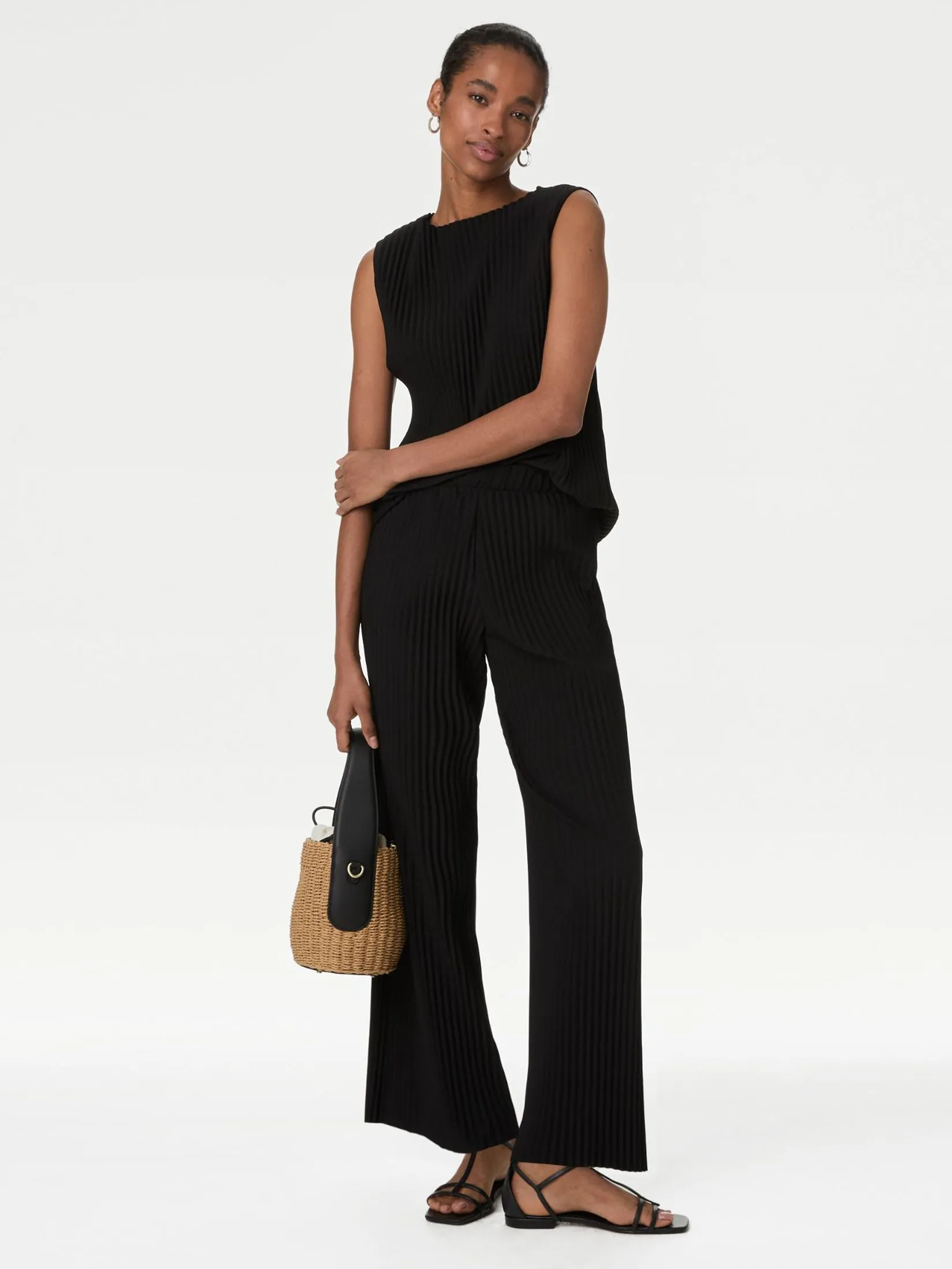 MARKS & SPENCER Women Trousers Wide Leg Jersey Plisse Black MARKS & SPENCER Women Trousers Wide Leg Jersey Plisse Black