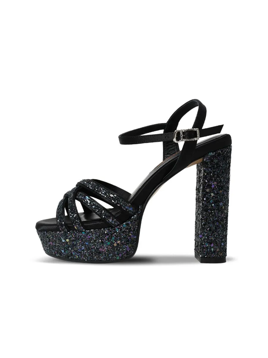 Sirena Black Glitter Cloth Sandals Open Toe Blocked Heel 5 inch Aurora Sirena Black Glitter Cloth Sandals Open Toe Blocked Heel 5 inch Aurora