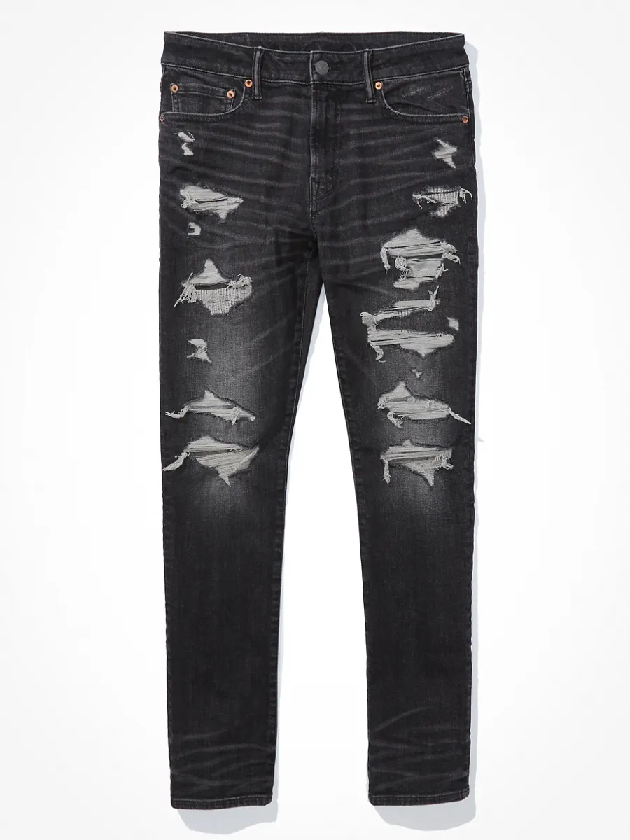 American Eagle MEN BLACK MENDED WASH SLIM FIT 038 DESTROYED BLACK American Eagle MEN BLACK MENDED WASH SLIM FIT 038 DESTROYED BLACK