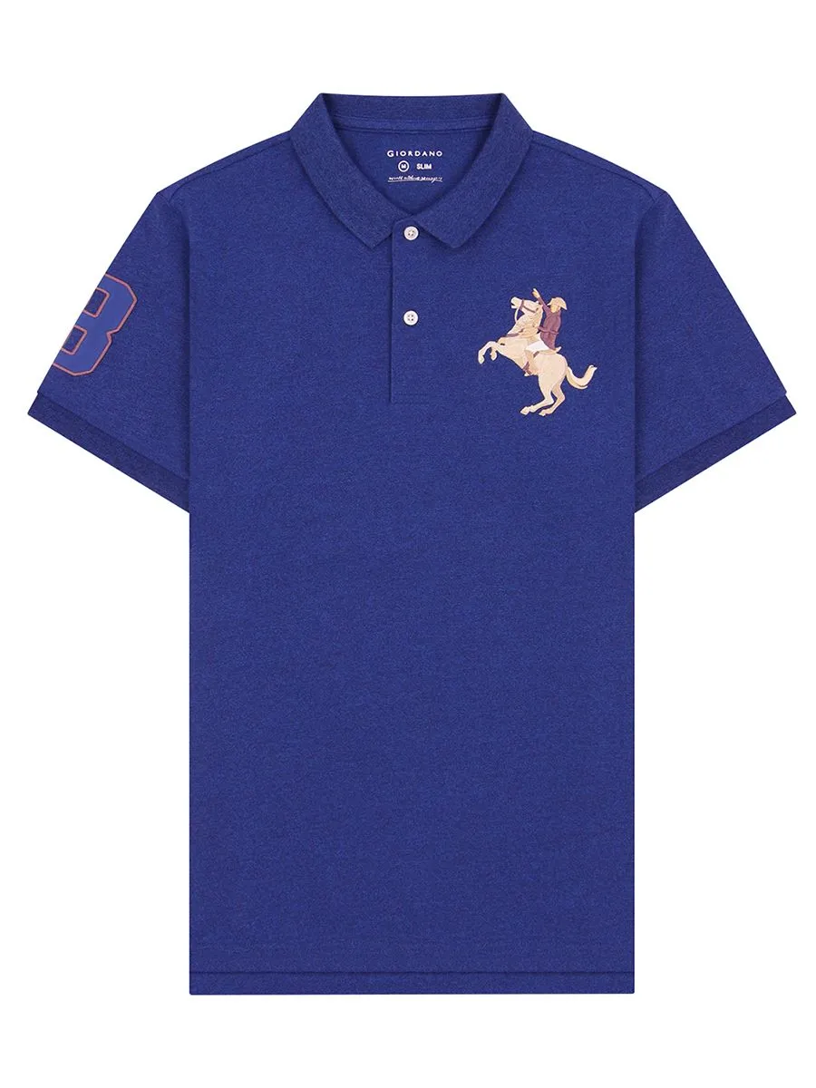 GIORDANO Men's Pique Slim Fit Embroidery Napoleon Polo Melange Key Largo Blue GIORDANO Men's Pique Slim Fit Embroidery Napoleon Polo Melange Key Largo Blue