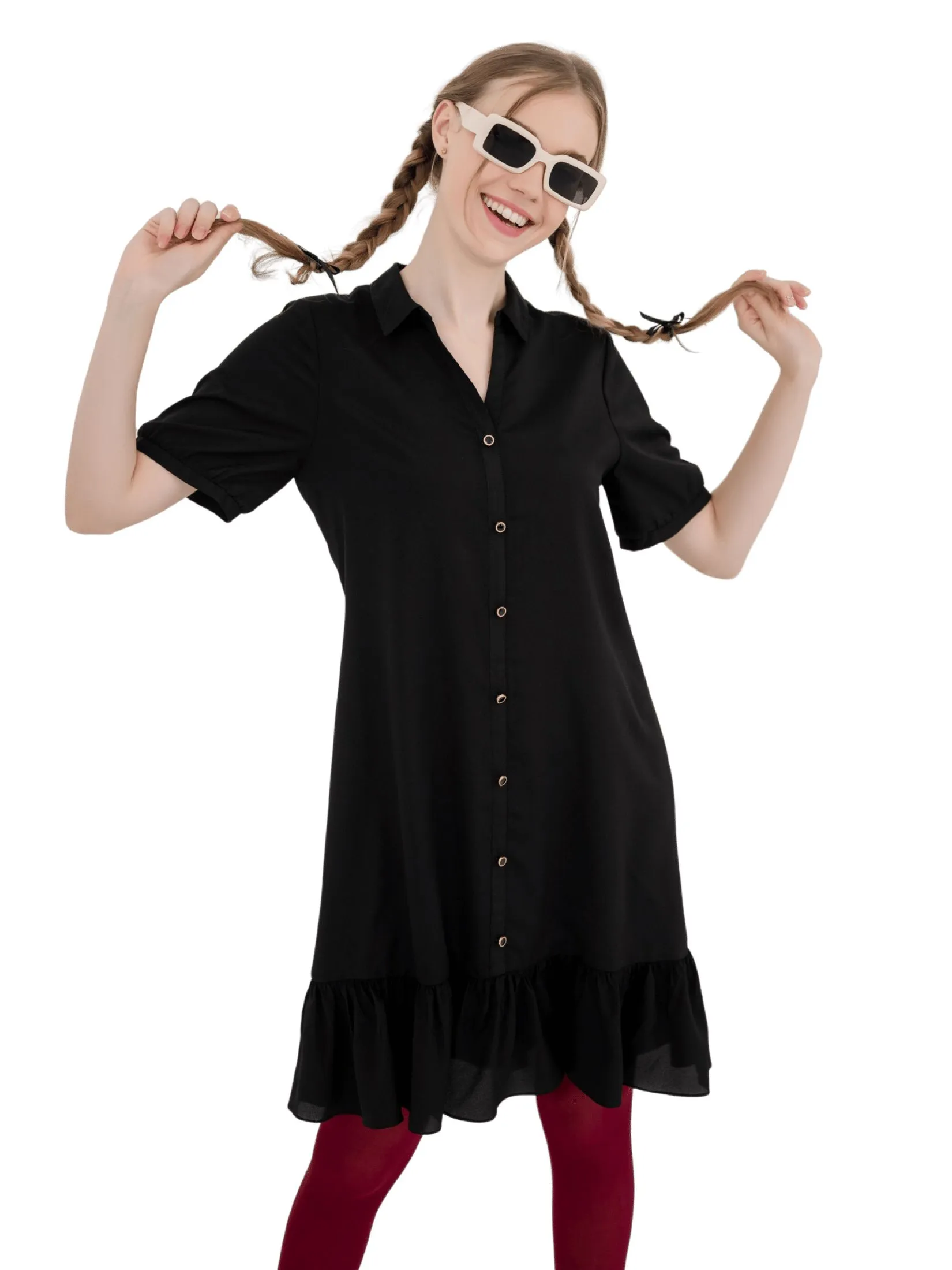 AMILA Women Dress Short Sleeves Dobby Black AMILA Women Dress Short Sleeves Dobby Black