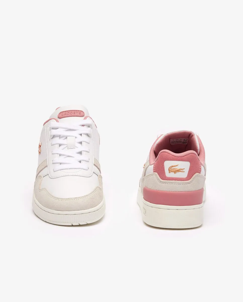 LACOSTE Women’s T-Clip Contrasted Leather Trainers White/Pink LACOSTE Women’s T-Clip Contrasted Leather Trainers White/Pink