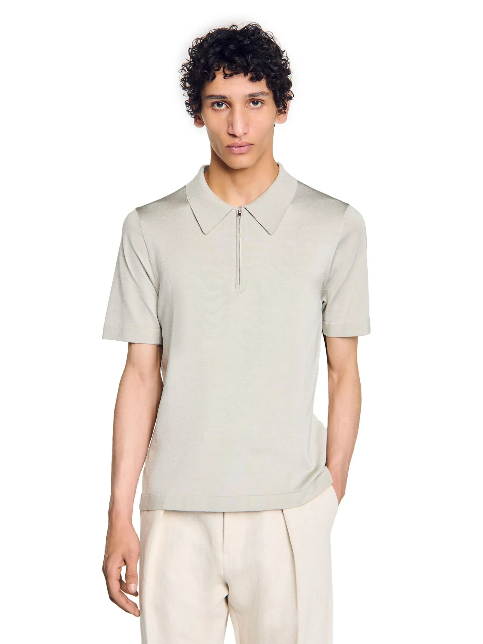 SANDRO Knitted Polo Shirt With Zip Collar SANDRO Knitted Polo Shirt With Zip Collar