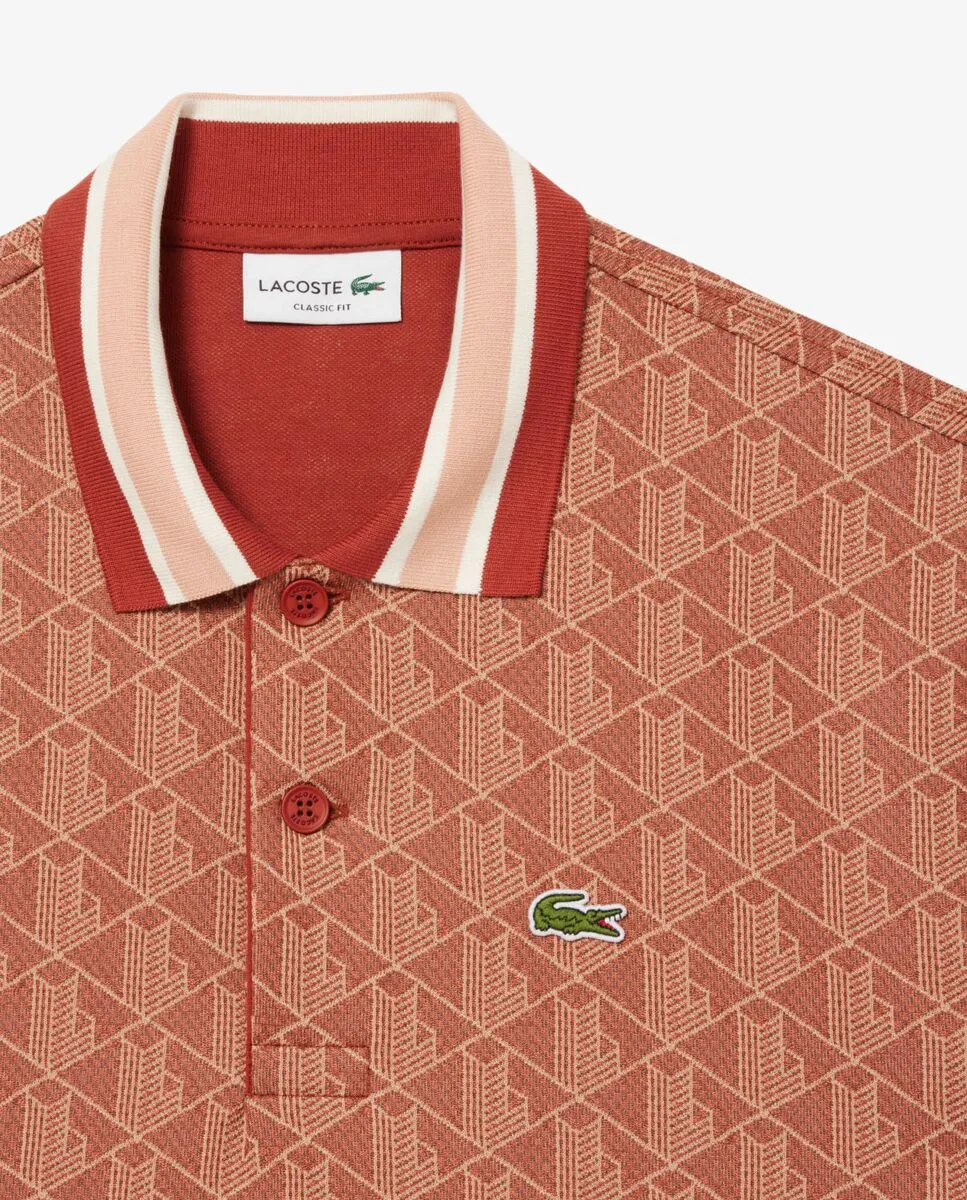 LACOSTE Classic Fit Monogram Jacquard Polo Shirt Brown LACOSTE Classic Fit Monogram Jacquard Polo Shirt Brown