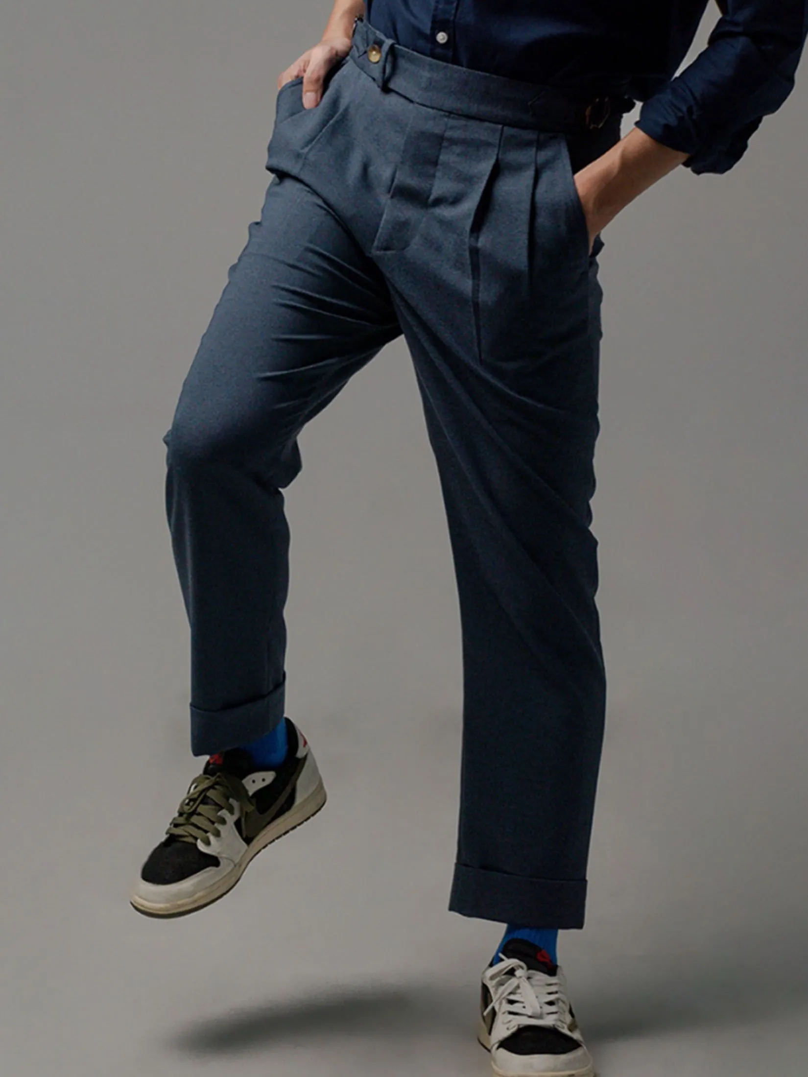 Era-won Men's Double belts trousers skinny crop fit Blue Era-won Men's Double belts trousers skinny crop fit Blue