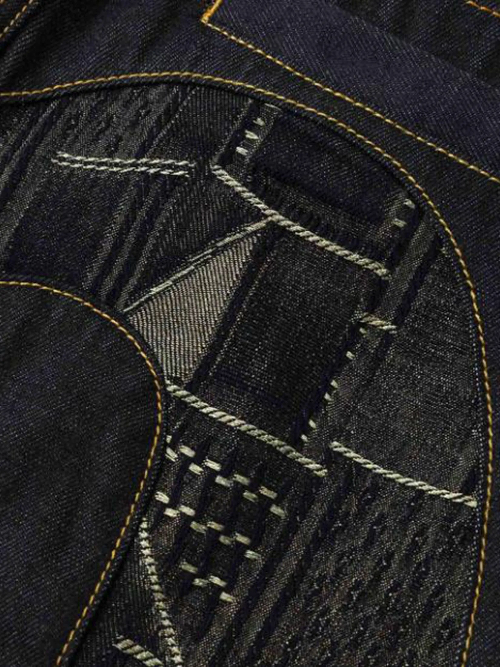 EVISU Men Jeans Patchwork Daicock Insert and Wheel Of Wisdom Embroidery Carrot Fit 2017 Indigo EVISU Men Jeans Patchwork Daicock Insert and Wheel Of Wisdom Embroidery Carrot Fit 2017 Indigo