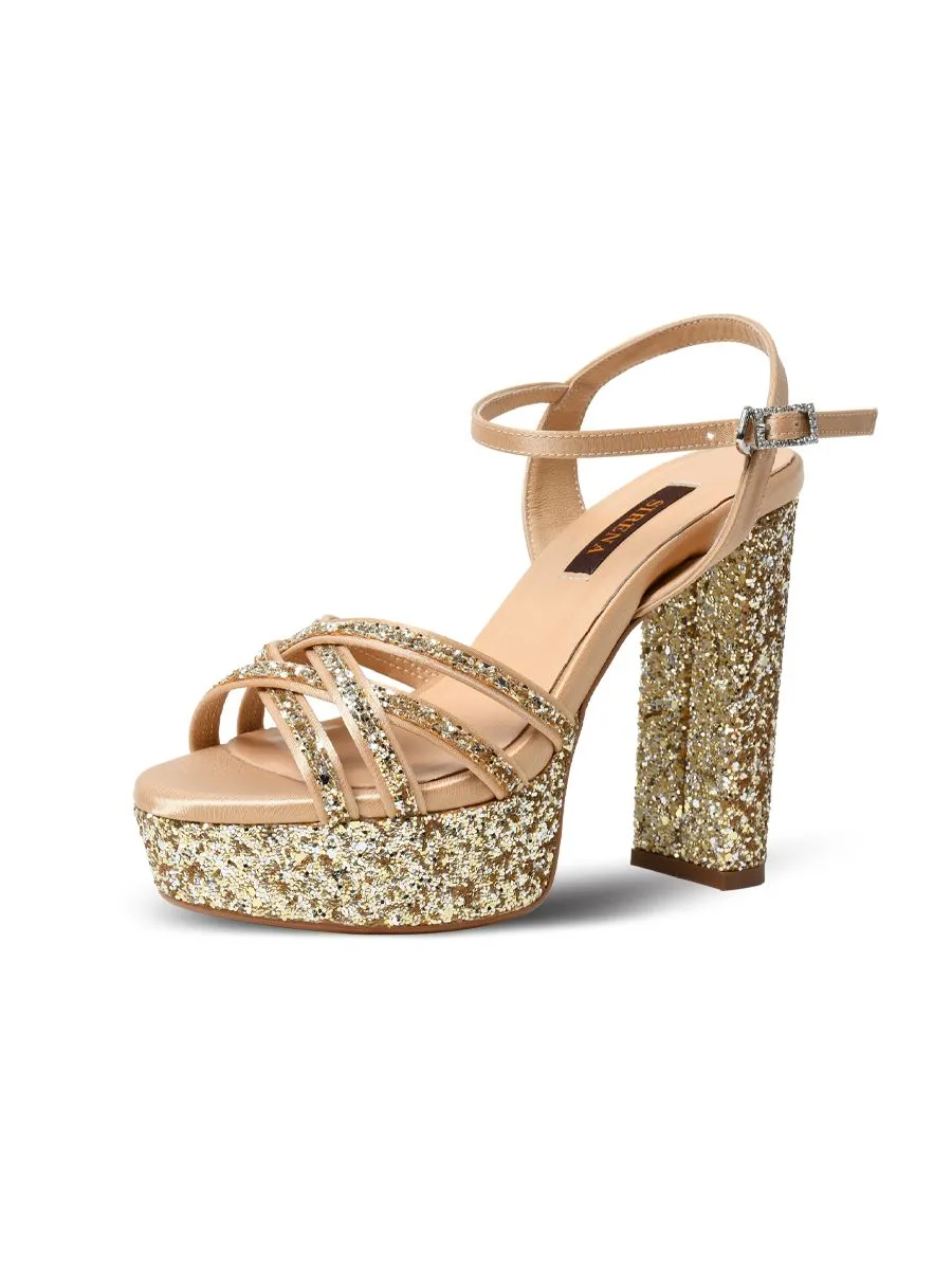 Sirena Gold Glitter Cloth Sandals Open Toe Blocked Heel 5 inch Aurora Sirena Gold Glitter Cloth Sandals Open Toe Blocked Heel 5 inch Aurora