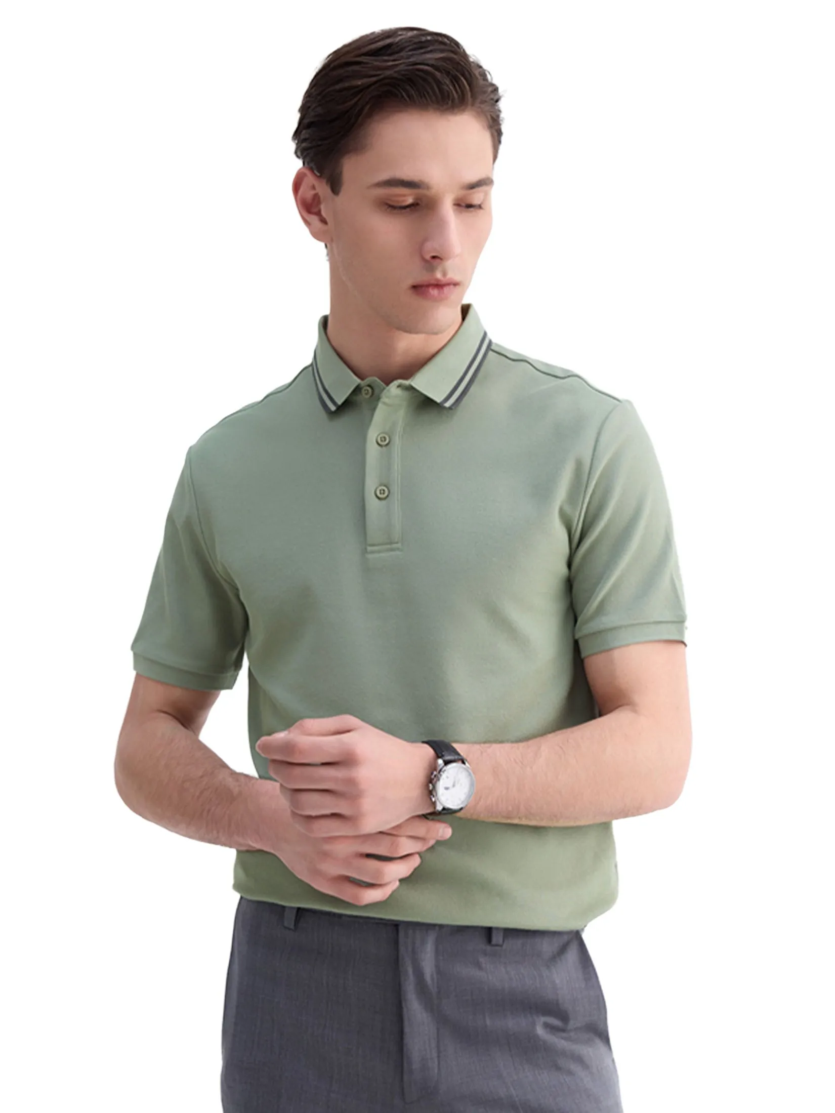 GIORDANO Men's Beau Monde Contrasting Ice Cooling Polo Shirt Green GIORDANO Men's Beau Monde Contrasting Ice Cooling Polo Shirt Green