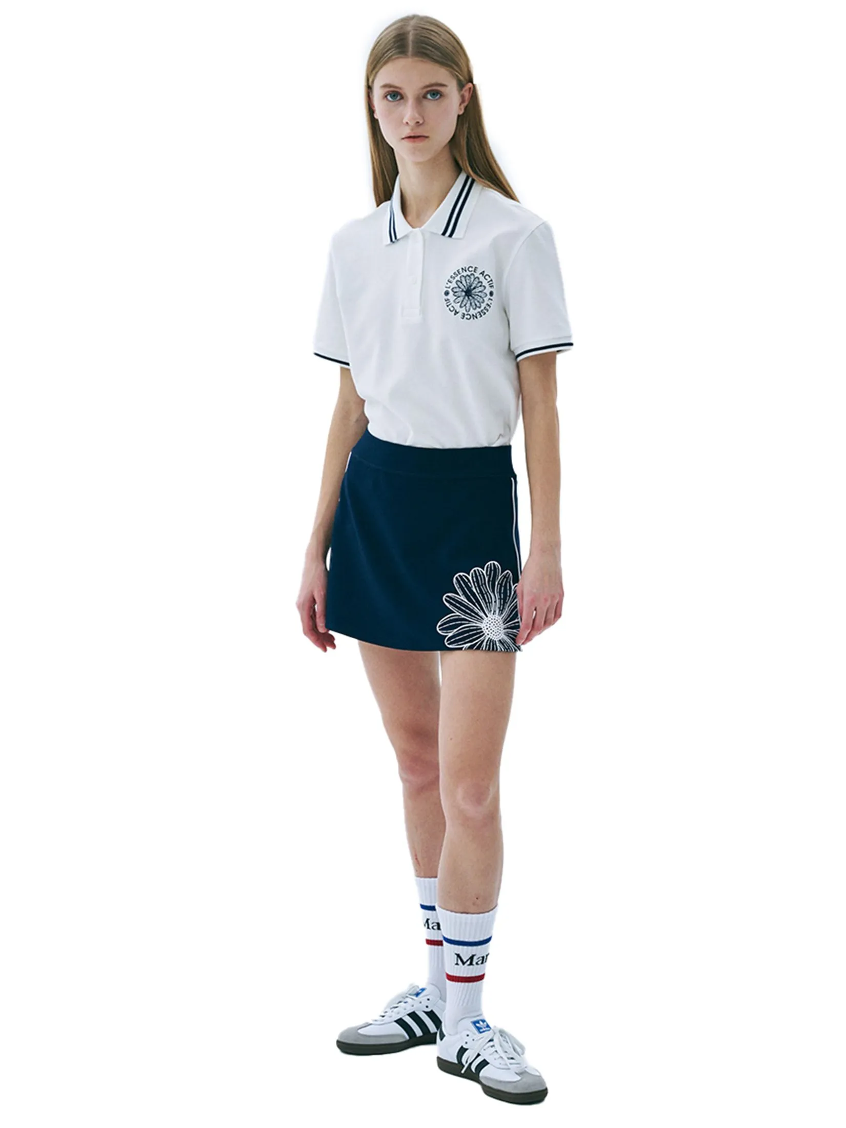 MARDI MERCREDI ACTIF Piquet T-Shirt Emblem Needlework White Navy F MARDI MERCREDI ACTIF Piquet T-Shirt Emblem Needlework White Navy F