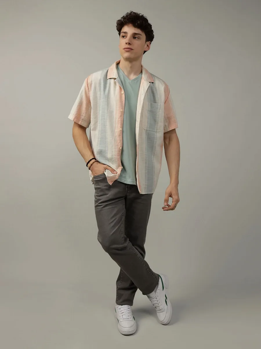 American Eagle MEN JON STRIPE SS OVERSIZED CAMP COLLAR SLUB COTTON SHIRT 800 ORANGE American Eagle MEN JON STRIPE SS OVERSIZED CAMP COLLAR SLUB COTTON SHIRT 800 ORANGE