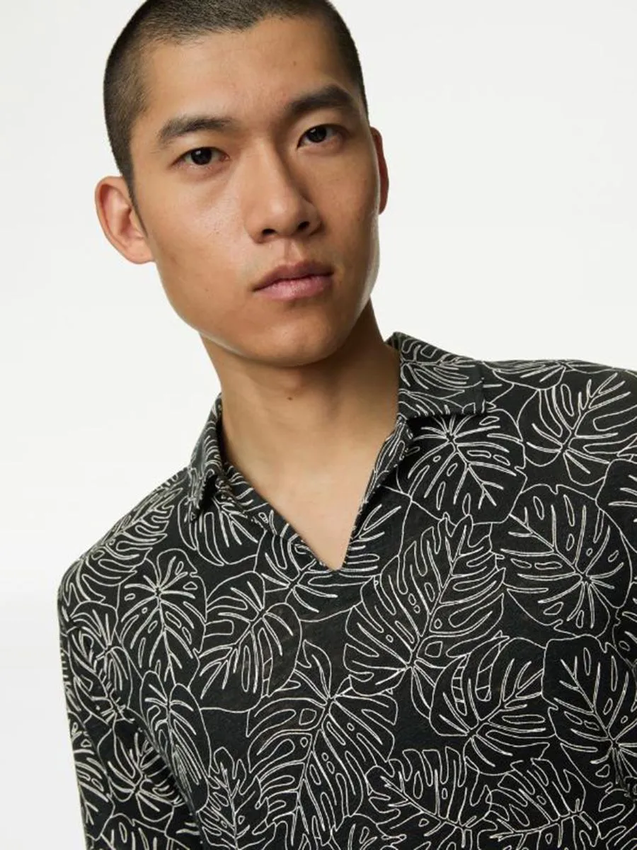 MARKS & SPENCER Men Polo Shirt Short Sleeves Pure Linen Leaf Print MARKS & SPENCER Men Polo Shirt Short Sleeves Pure Linen Leaf Print