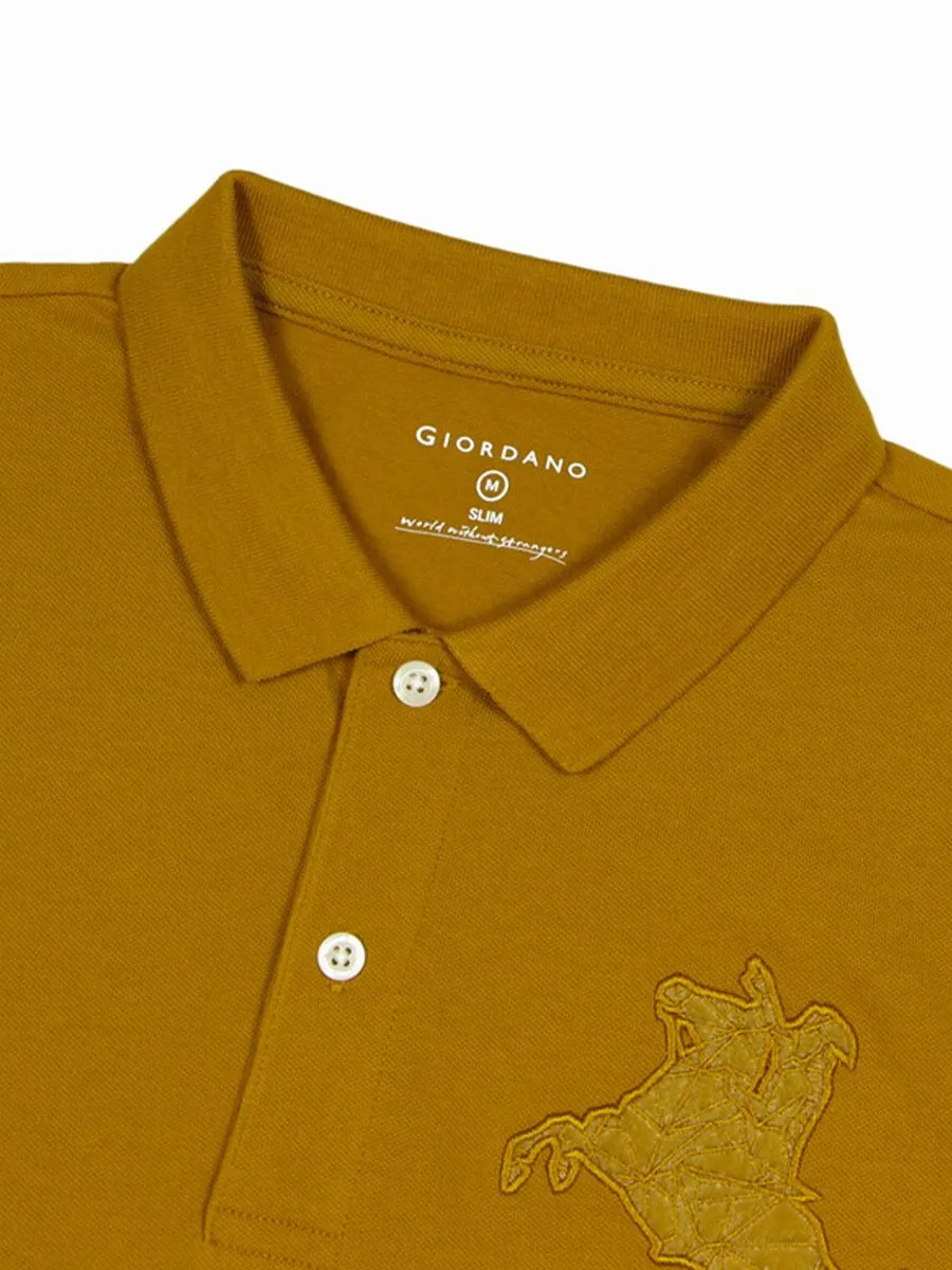 GIORDANO Men's Pique Slim Fit Embroidery Napoleon Polo Buckthorn Brown Yellow GIORDANO Men's Pique Slim Fit Embroidery Napoleon Polo Buckthorn Brown Yellow