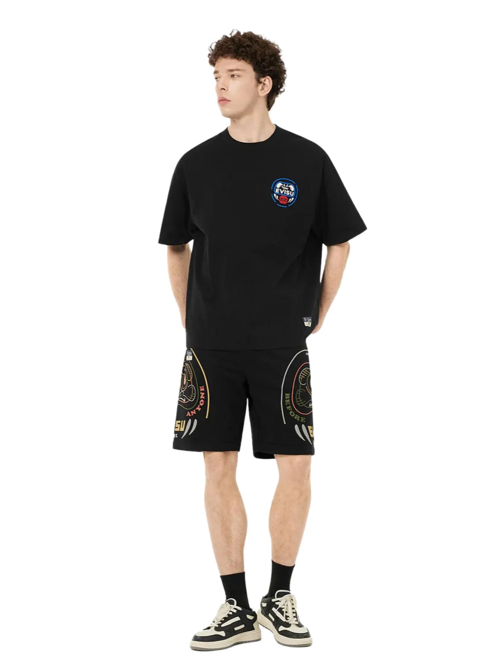 EVISU Men Sweatshorts Daruma Print Regular Fit Black