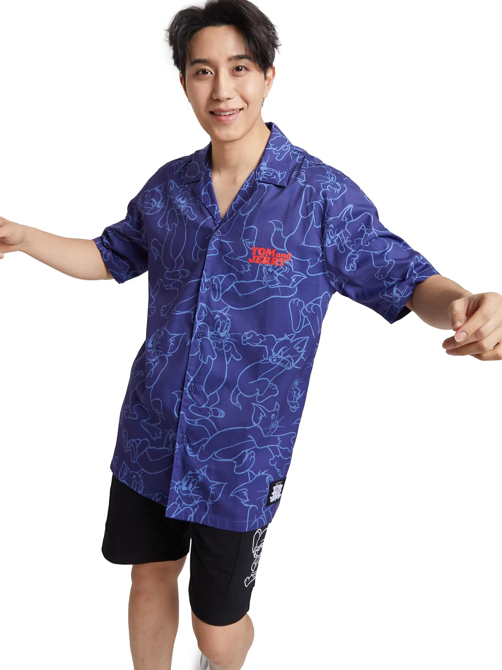 PACIFIC UNION Men Shirt Short Sleeve Oversize Tom and Jerry Navy
