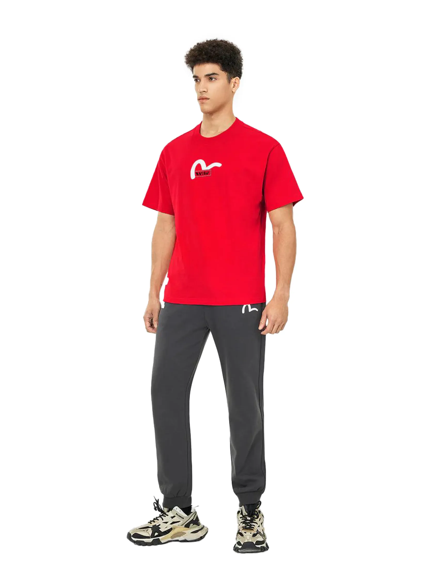 EVISU Men T-Shirt Seagull Print with Logo Embroidery Relax Fit Red EVISU Men T-Shirt Seagull Print with Logo Embroidery Relax Fit Red