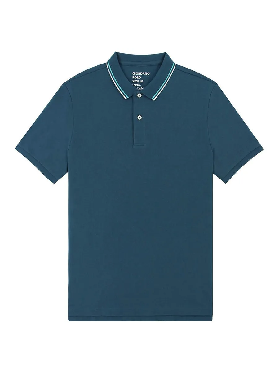 GIORDANO Men's Solid Cotton Lycra Short Sleeve Tapered Polo Mallard Blue GIORDANO Men's Solid Cotton Lycra Short Sleeve Tapered Polo Mallard Blue