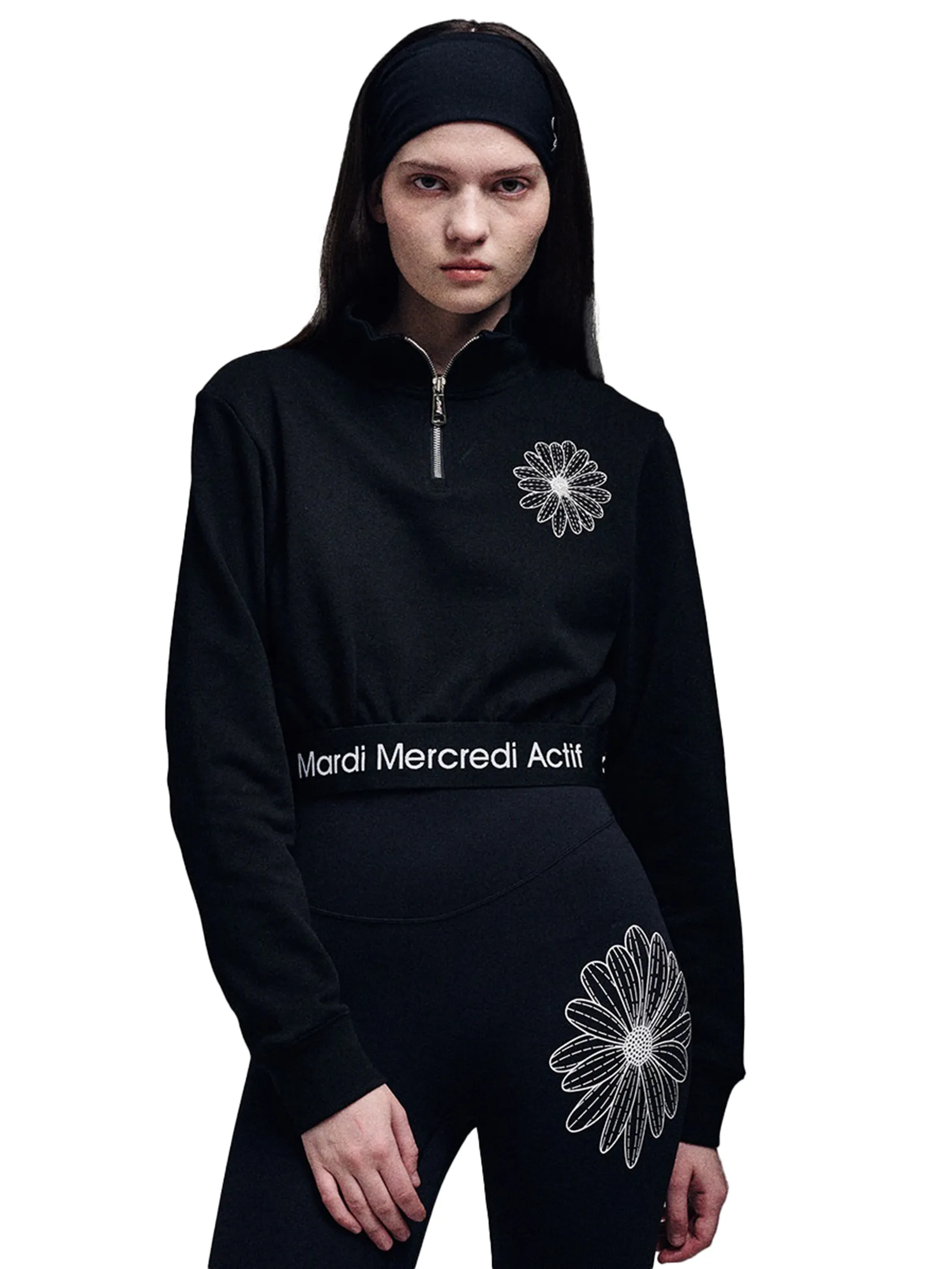 MARDI MERCREDI ACTIF High Neck Cropped Sweatshirt Flower Needlework F MARDI MERCREDI ACTIF High Neck Cropped Sweatshirt Flower Needlework F