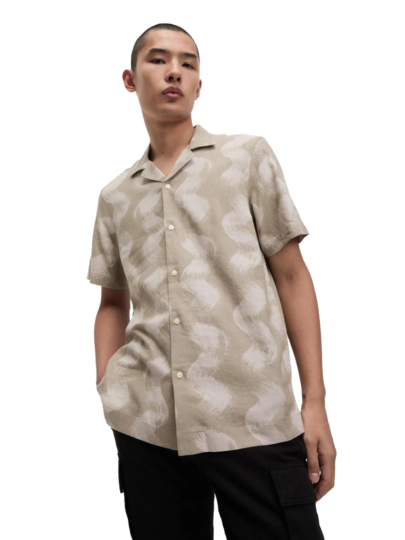 MARKS & SPENCER Men Shirt Linen Rich Cuban Collar Wave Print MARKS & SPENCER Men Shirt Linen Rich Cuban Collar Wave Print