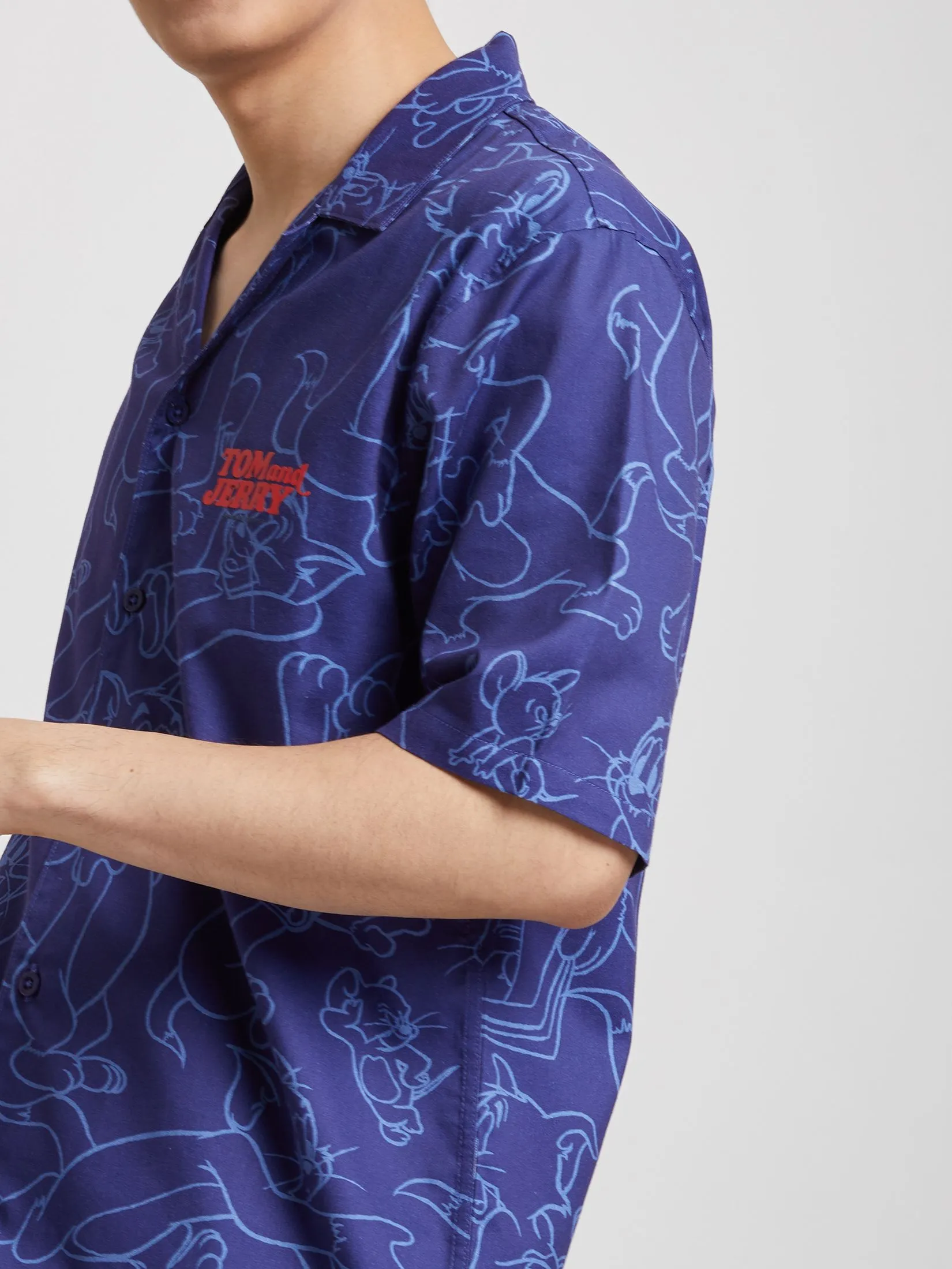 PACIFIC UNION Men Shirt Short Sleeve Oversize Tom and Jerry Navy