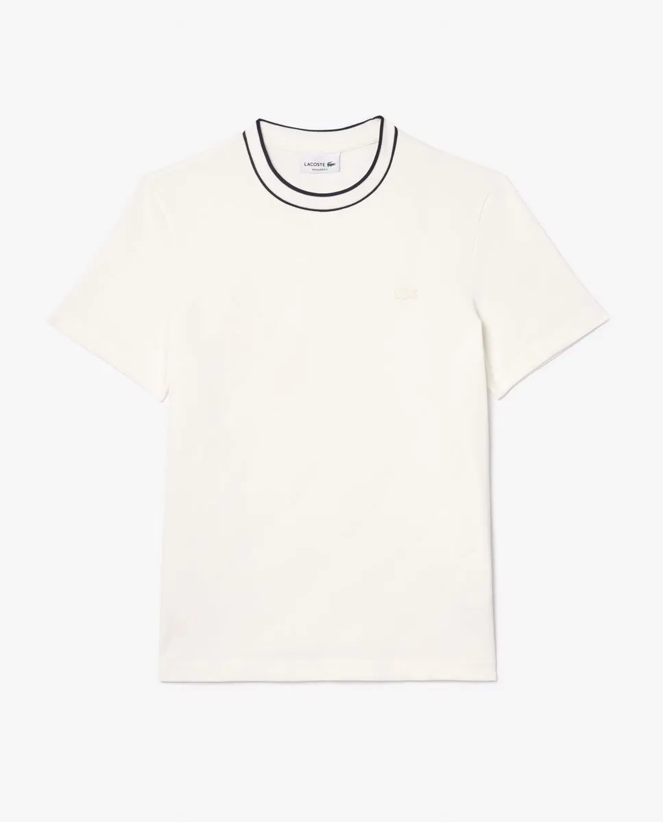 LACOSTE Stretch Piqu  Stripe Collar T-Shirt White LACOSTE Stretch Piqu  Stripe Collar T-Shirt White