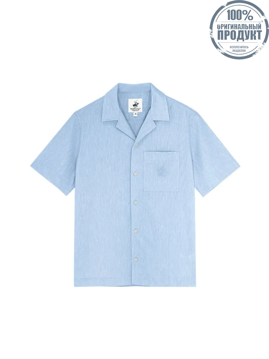 BEVERLY HILLS POLO CLUB Men Cotton Linen Open Collar Shirt Short Sleeve, Light Blue BEVERLY HILLS POLO CLUB Men Cotton Linen Open Collar Shirt Short Sleeve, Light Blue