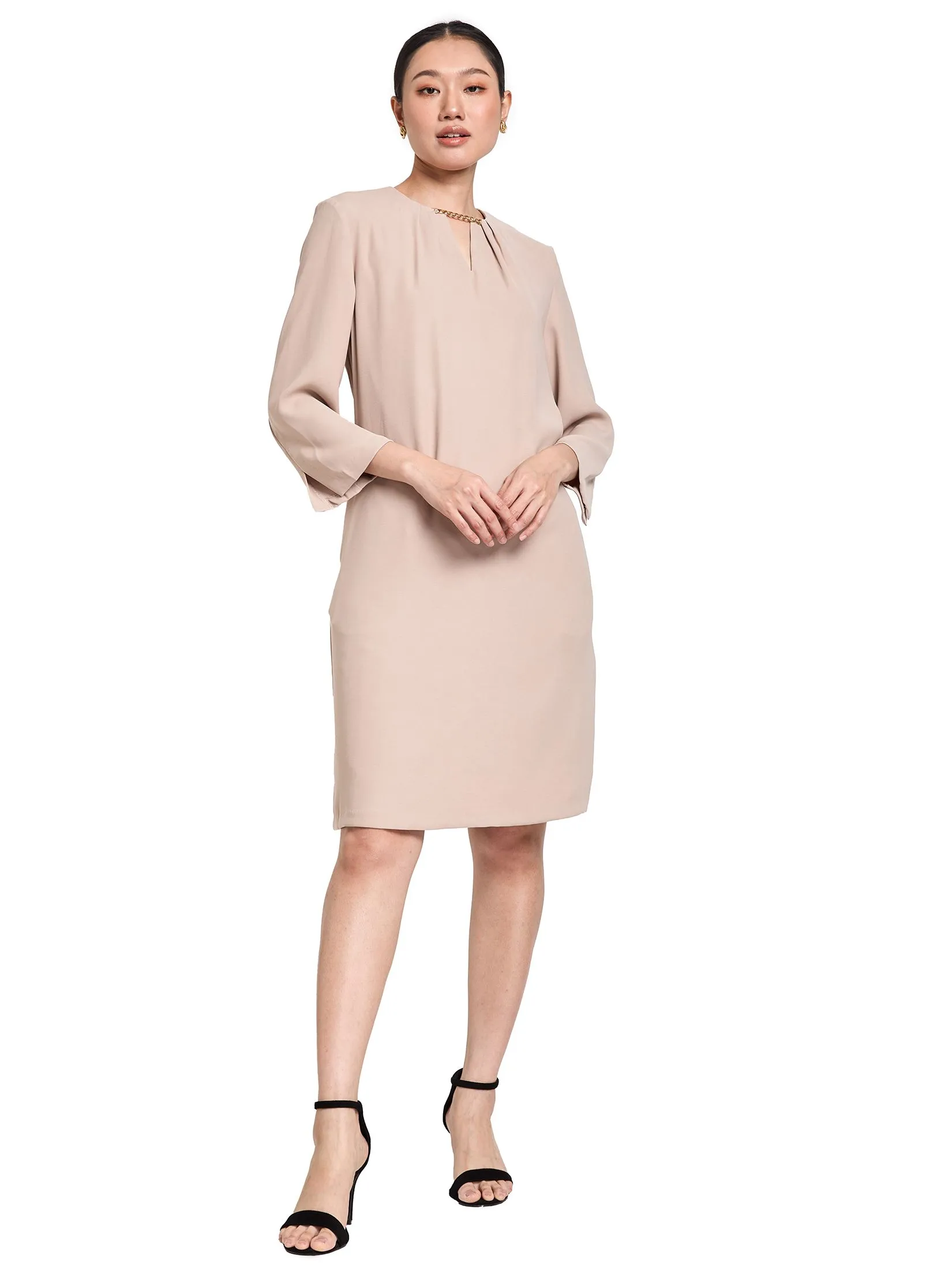 EXPRESSIONS Women Sack Dress Long Sleeve V-Neck With Gold Chain EXPRESSIONS Women Sack Dress Long Sleeve V-Neck With Gold Chain