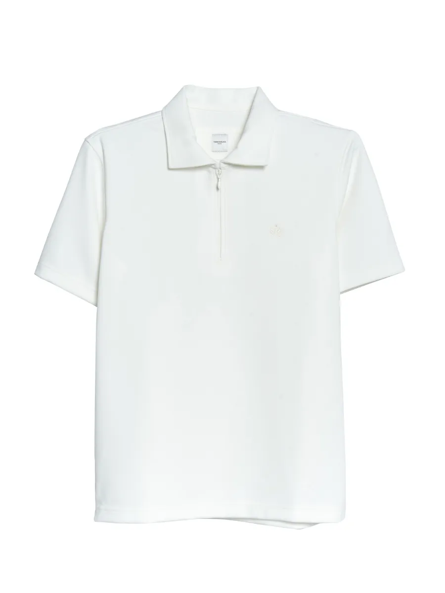 TAKEO KIKUCHI MEN WHITE STRETCH PUNCH FABRIC ZIPPER POLO SHIRT TAKEO KIKUCHI MEN WHITE STRETCH PUNCH FABRIC ZIPPER POLO SHIRT