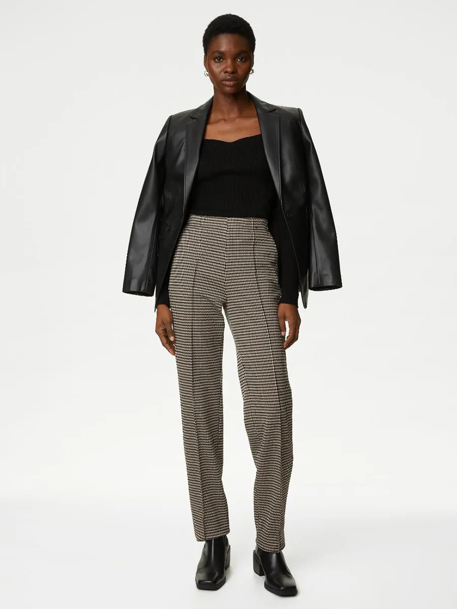 MARKS & SPENCER Women Trousers Twill Jersey Houndstooth Pintuck Brown Mix MARKS & SPENCER Women Trousers Twill Jersey Houndstooth Pintuck Brown Mix