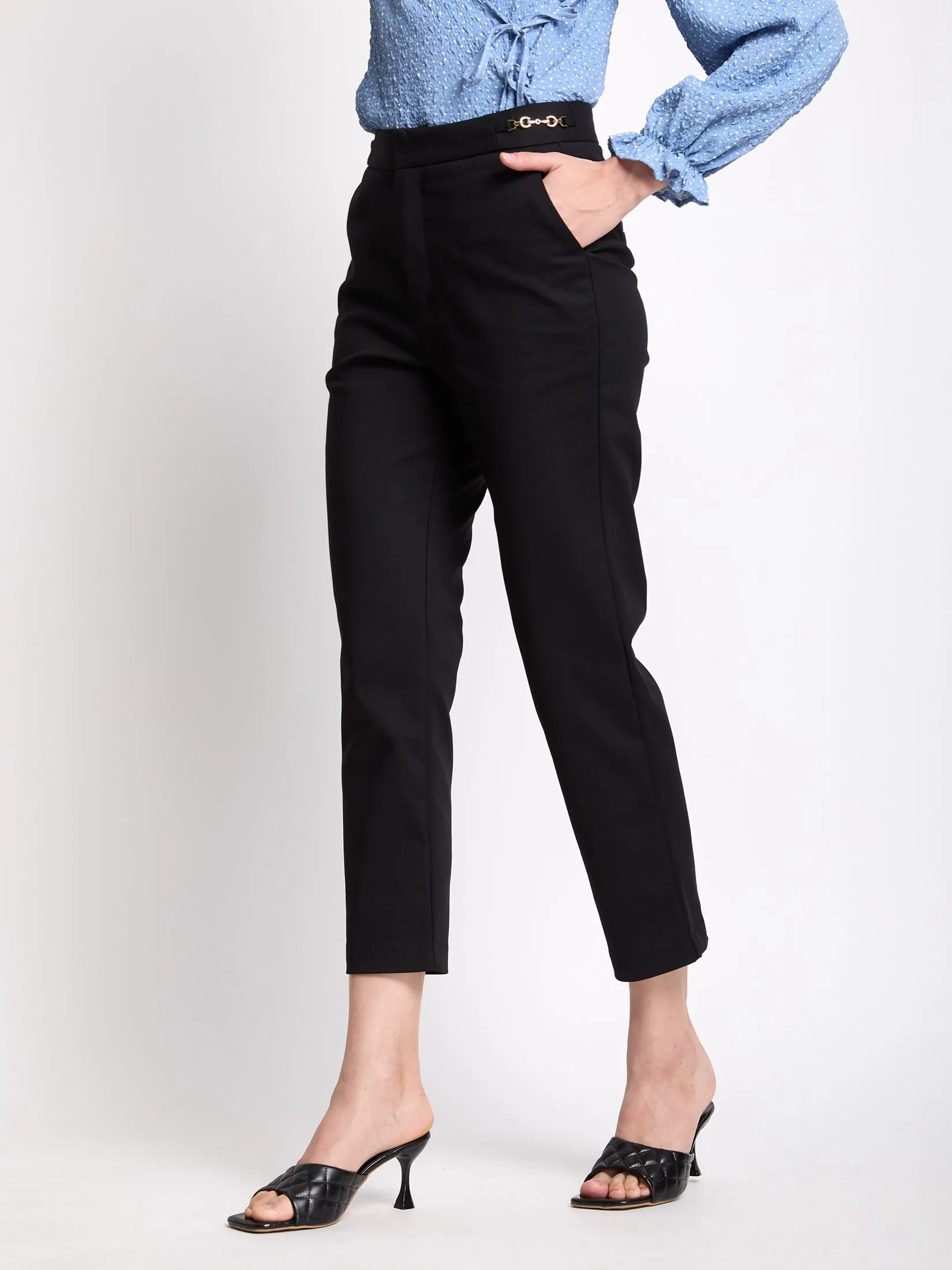 FOF Women Pants Slim Fit with Chain Detail Black FOF Women Pants Slim Fit with Chain Detail Black