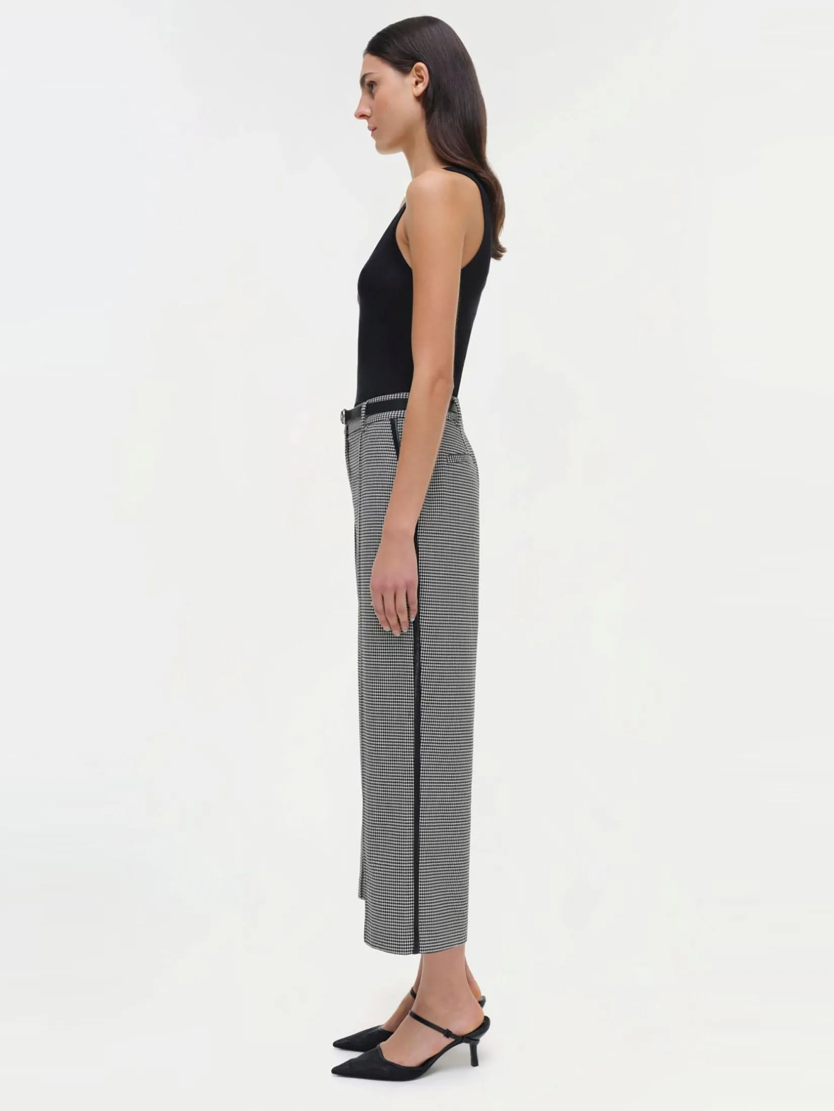 SIMKHAI Women Cropped Pants Button Hem Miki Black White Check SIMKHAI Women Cropped Pants Button Hem Miki Black White Check